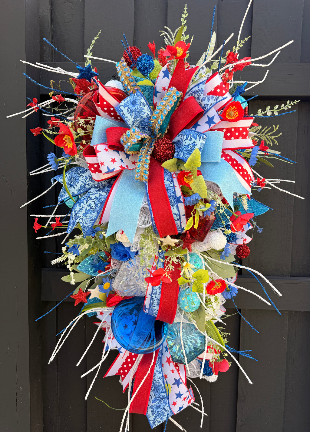 Luxury Patriotic Door Swag Wreath, Glam Red White Blue Front Door Decor