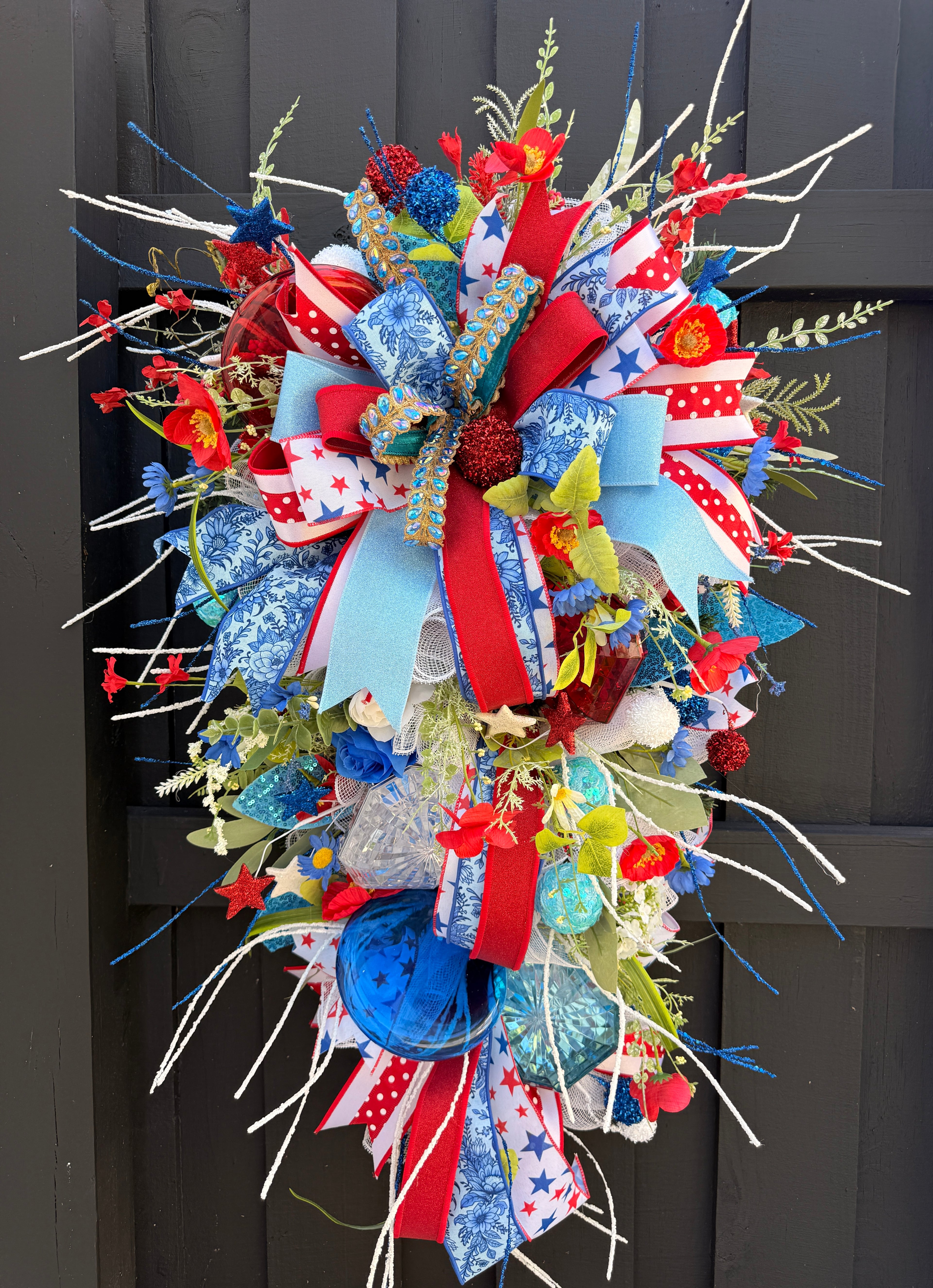 Luxury Patriotic Door Swag Wreath, Glam Red White Blue Front Door Decor