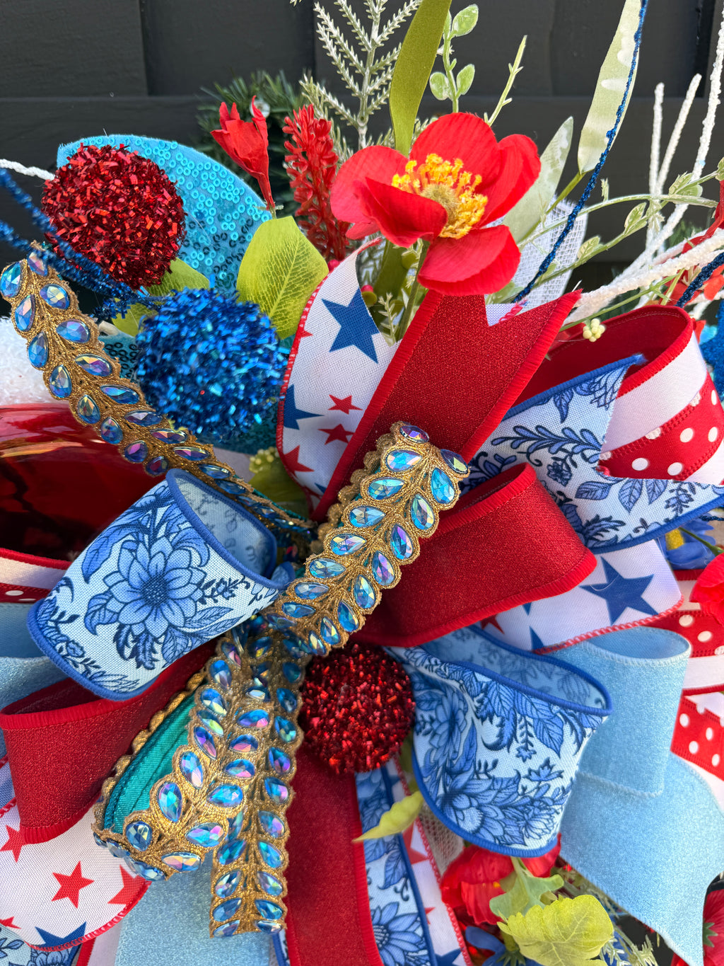 Luxury Patriotic Door Swag Wreath, Glam Red White Blue Front Door Decor