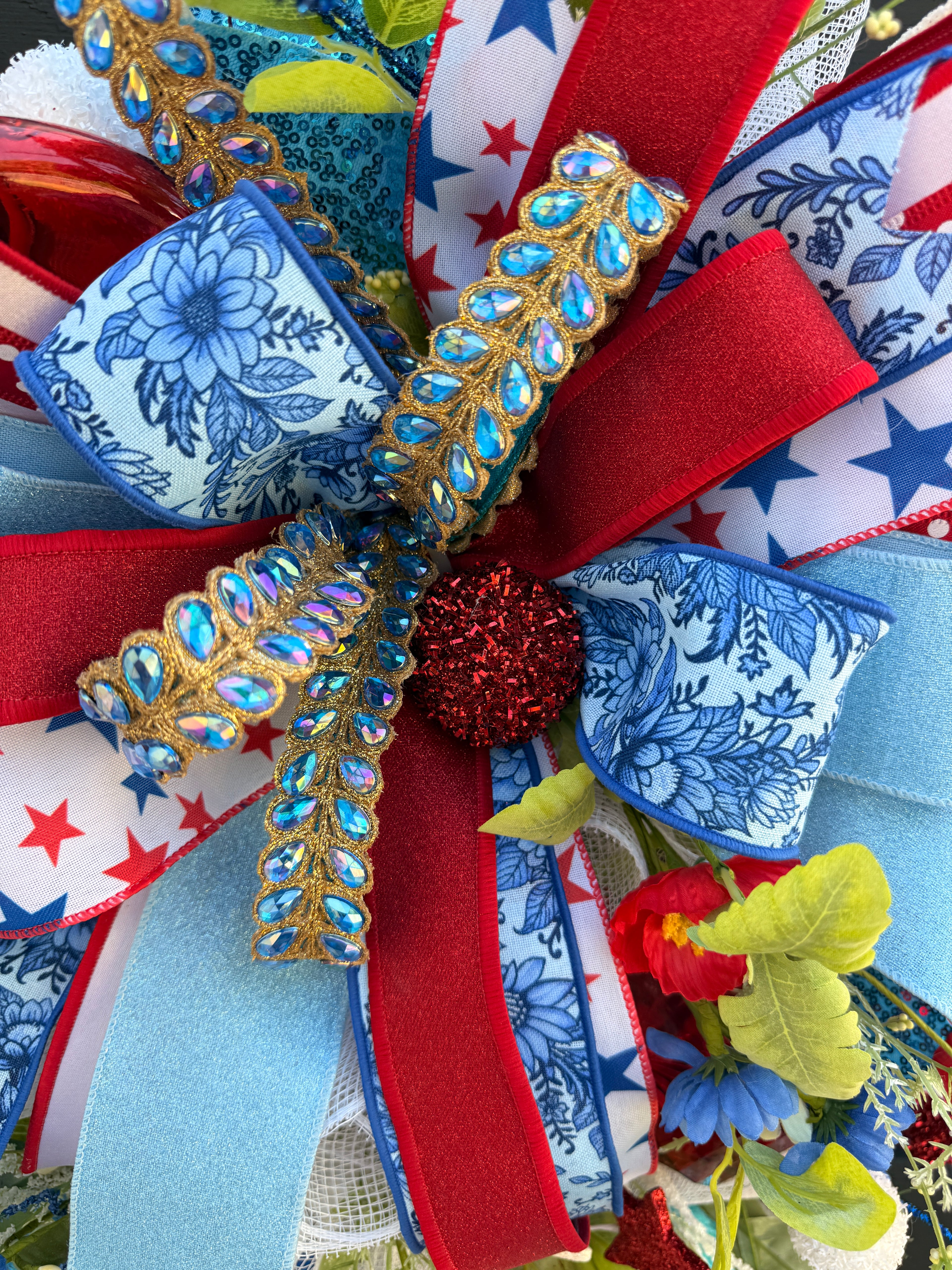 Luxury Patriotic Door Swag Wreath, Glam Red White Blue Front Door Decor