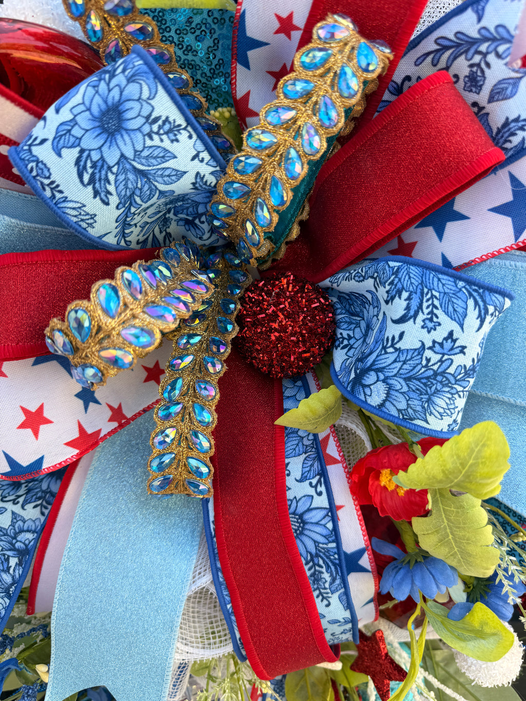 Luxury Patriotic Door Swag Wreath, Glam Red White Blue Front Door Decor