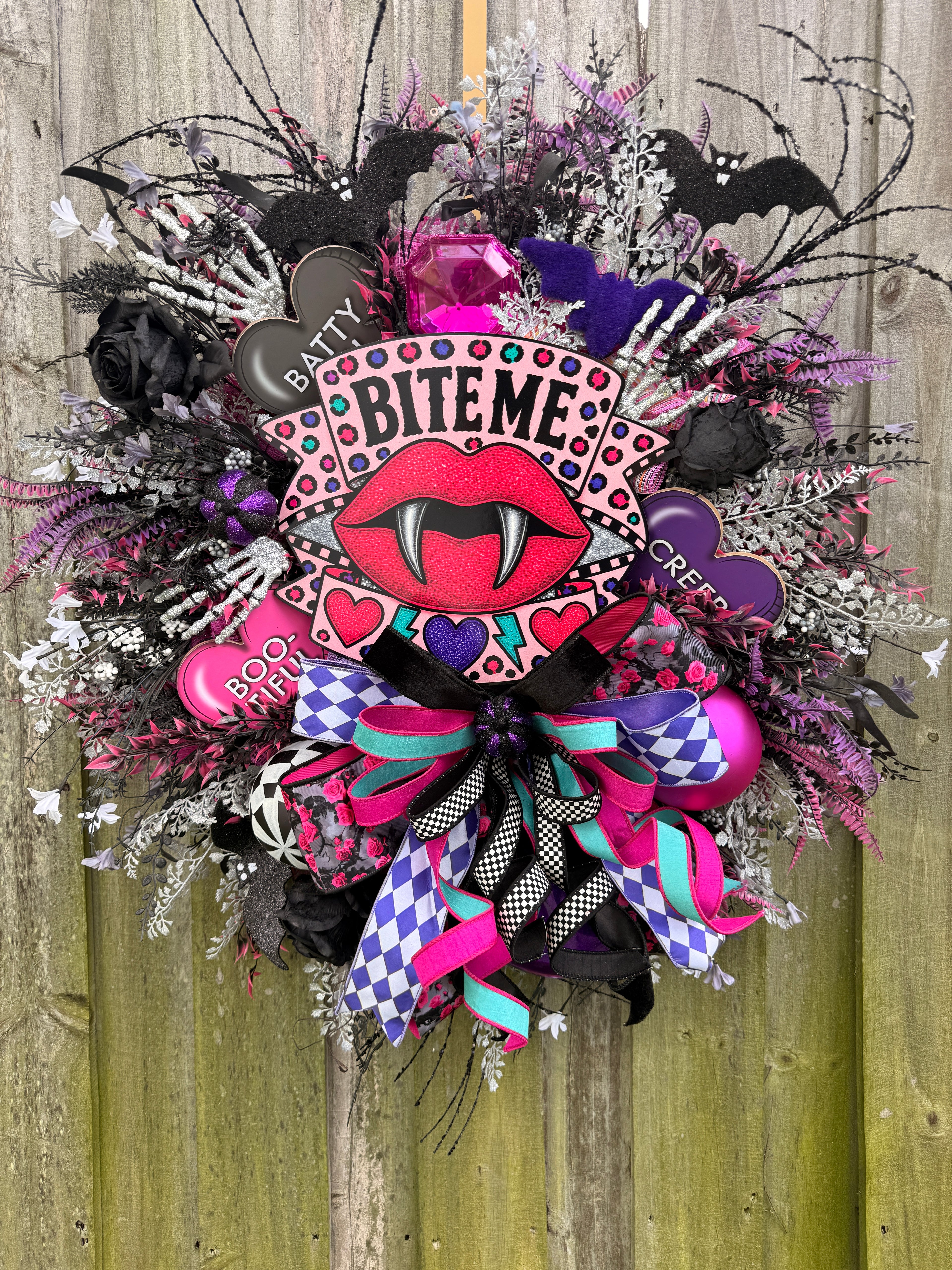 Bite Me Halloween Wreath | Whimsical Pink Vampire Front Door Decor