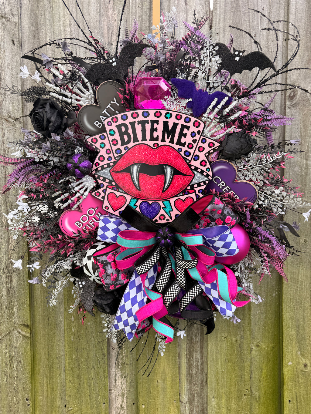 Bite Me Halloween Wreath | Whimsical Pink Vampire Front Door Decor