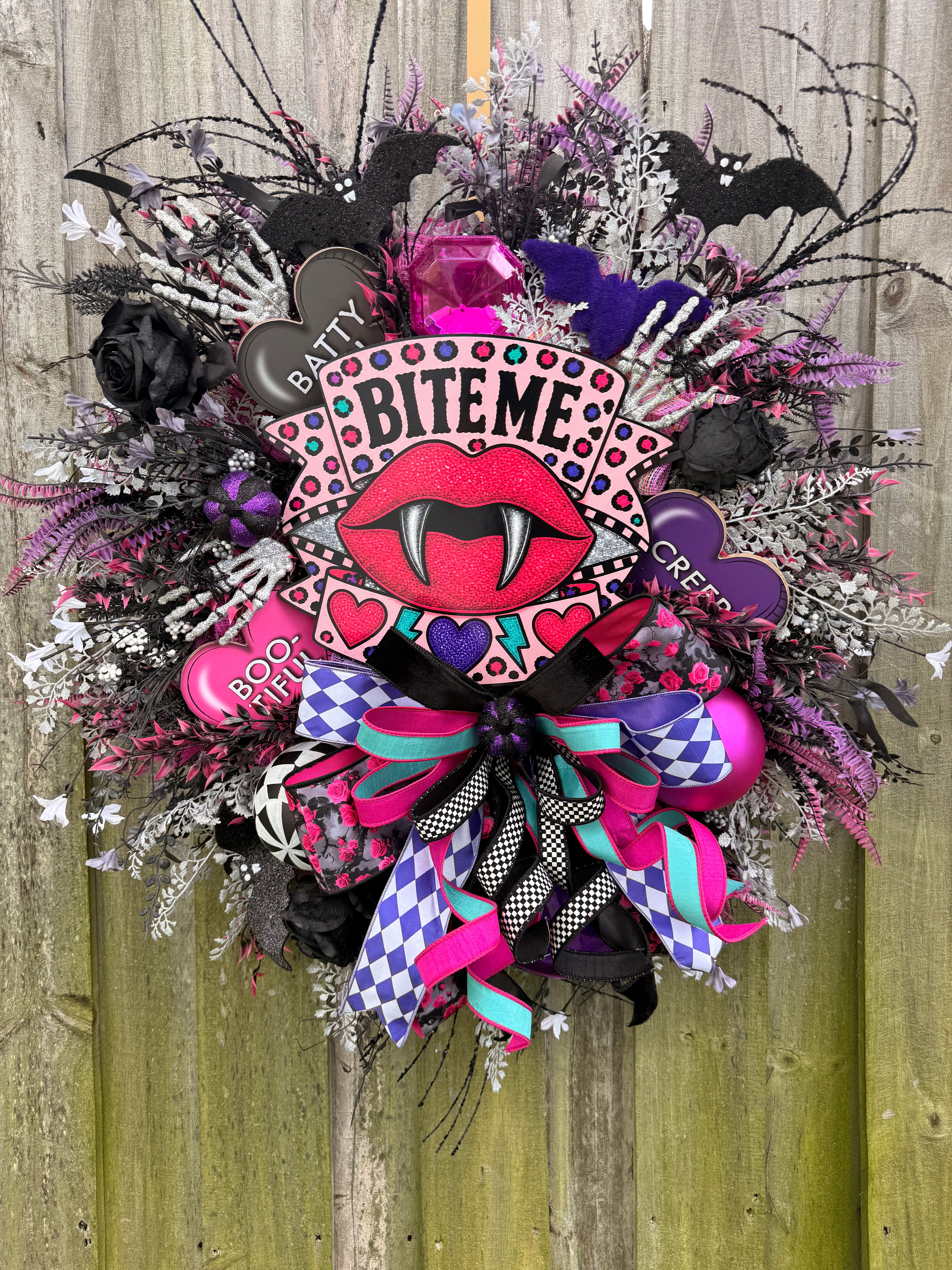 Bite Me Halloween Wreath | Whimsical Pink Vampire Front Door Decor