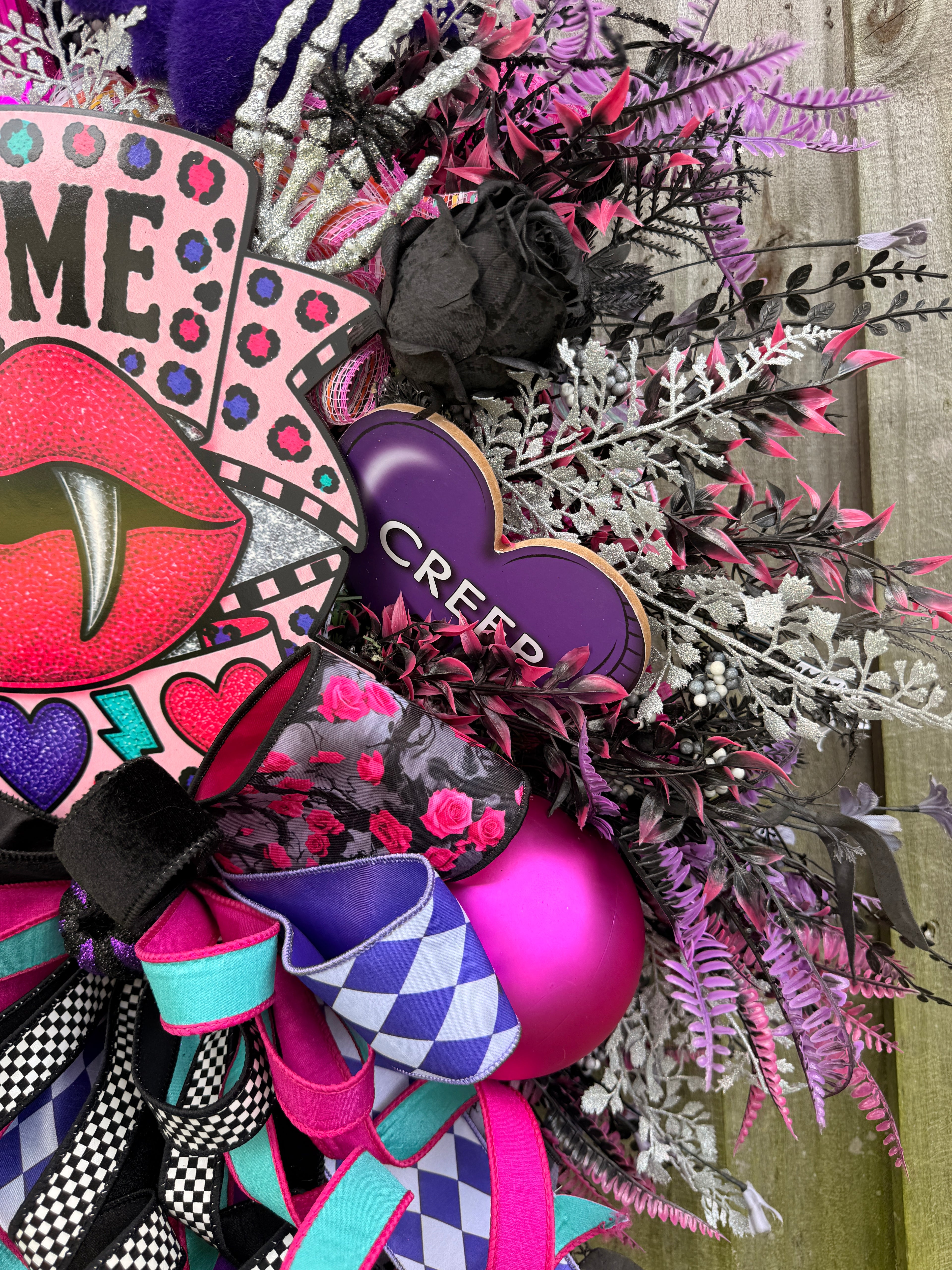 Bite Me Halloween Wreath | Whimsical Pink Vampire Front Door Decor