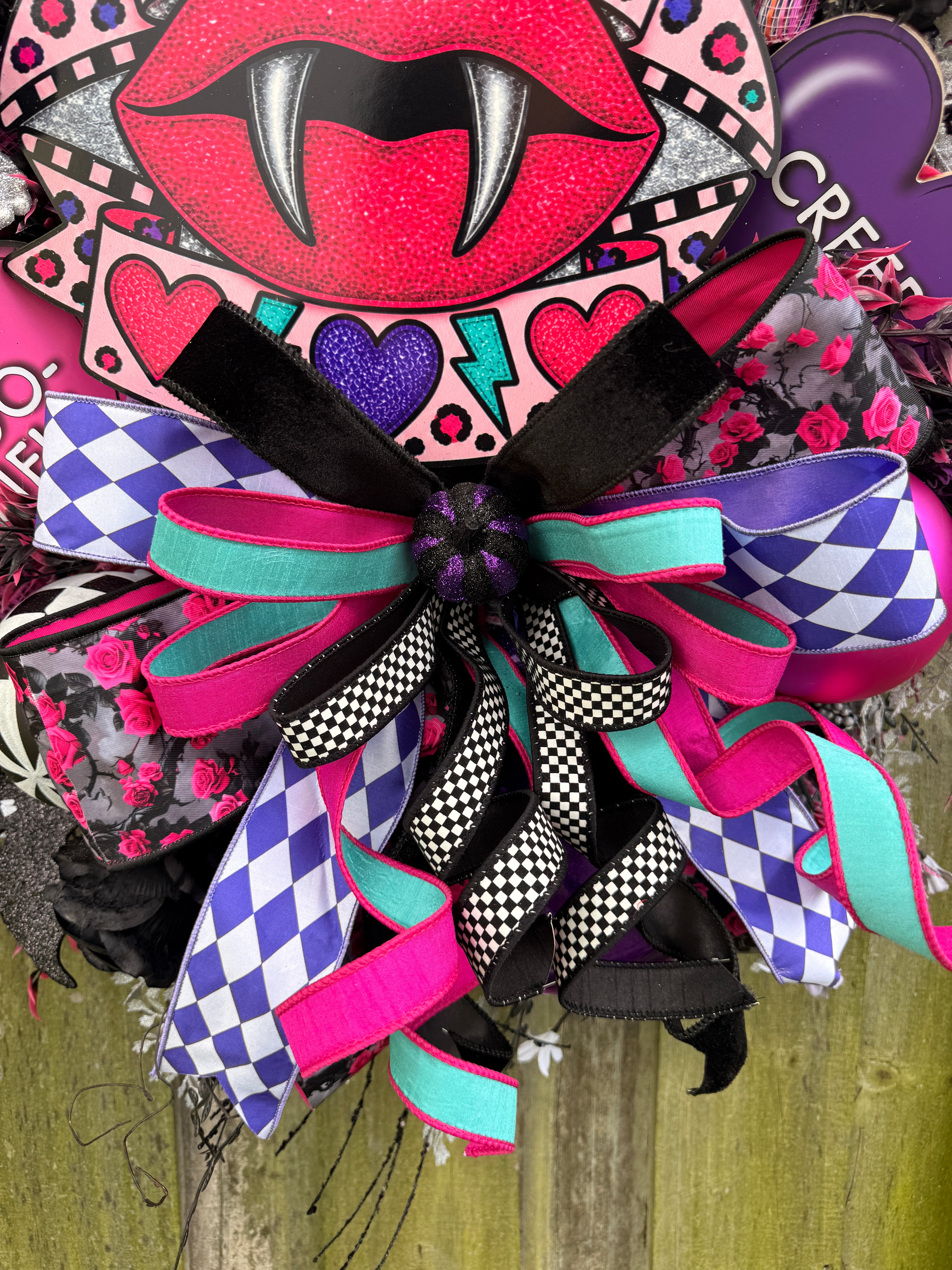 Bite Me Halloween Wreath | Whimsical Pink Vampire Front Door Decor