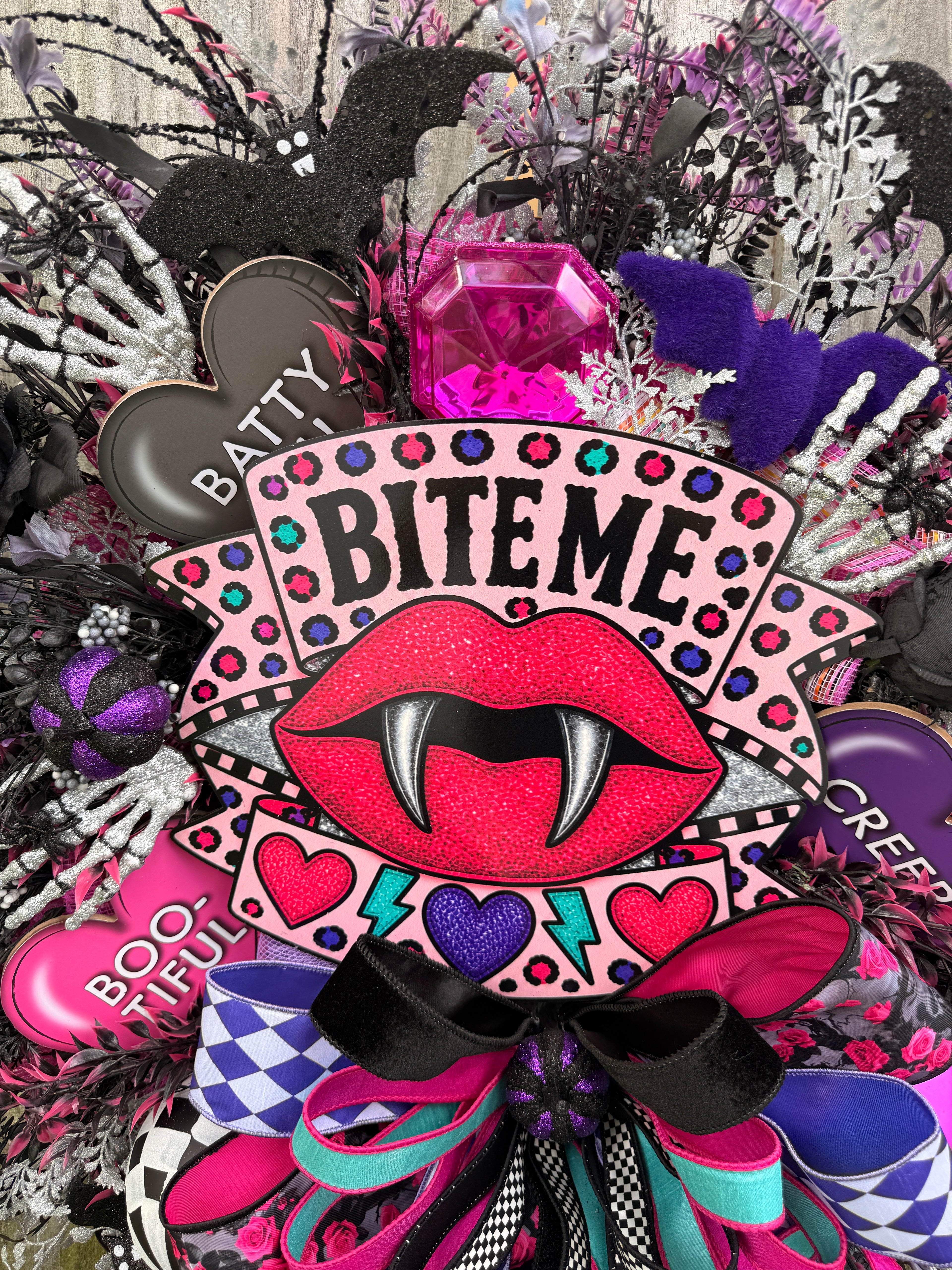 Bite Me Halloween Wreath | Whimsical Pink Vampire Front Door Decor