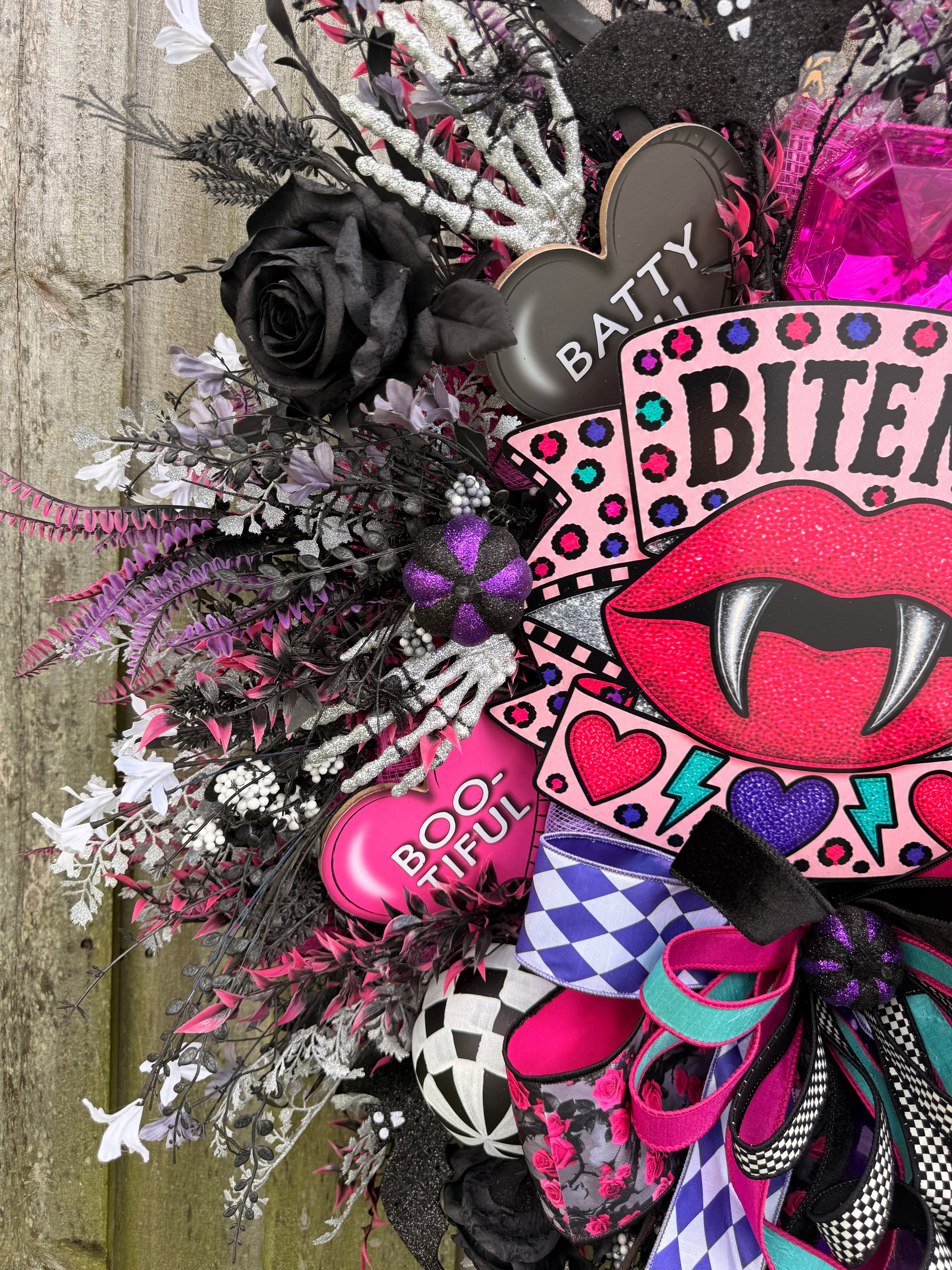 Bite Me Halloween Wreath | Whimsical Pink Vampire Front Door Decor