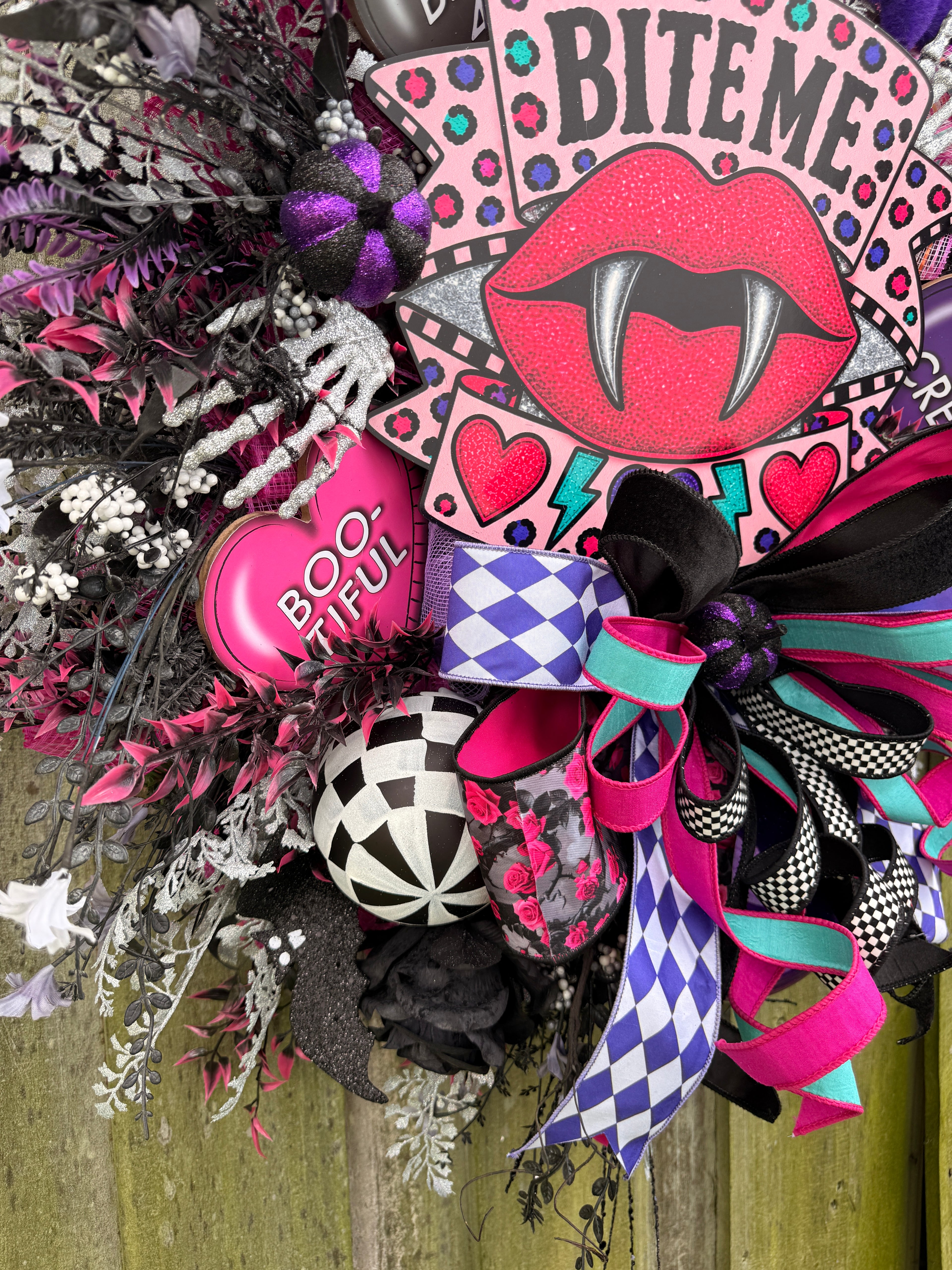Bite Me Halloween Wreath | Whimsical Pink Vampire Front Door Decor