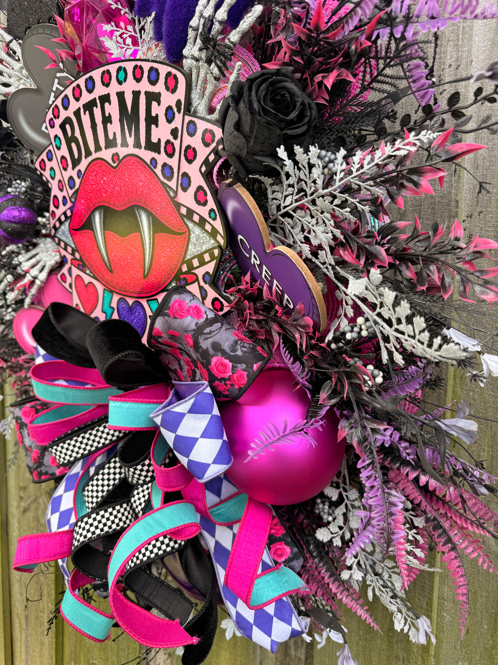 Bite Me Halloween Wreath | Whimsical Pink Vampire Front Door Decor