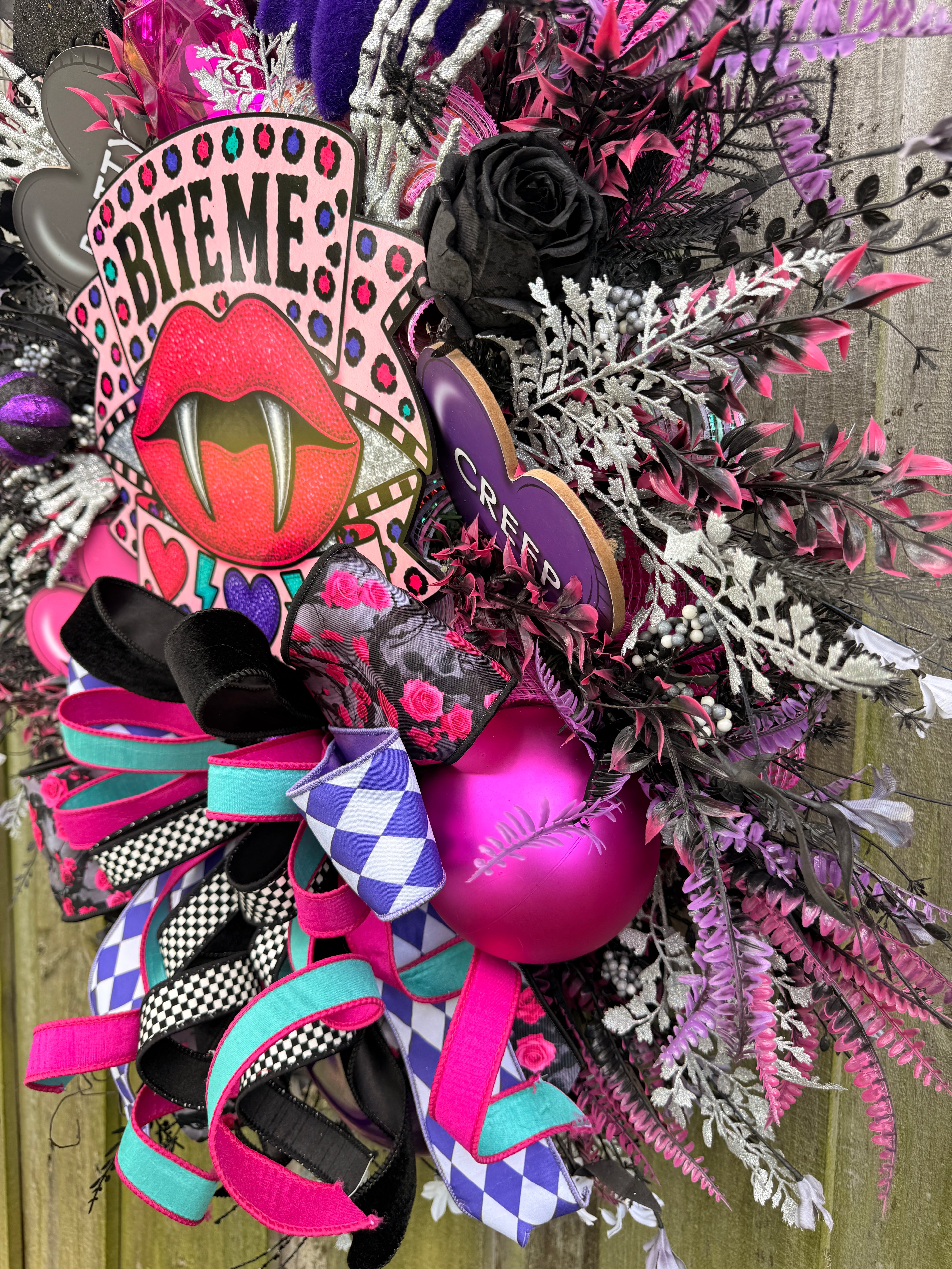 Bite Me Halloween Wreath | Whimsical Pink Vampire Front Door Decor