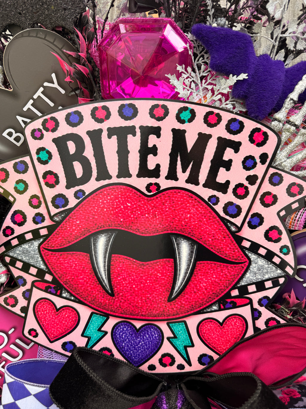 Bite Me Halloween Wreath | Whimsical Pink Vampire Front Door Decor