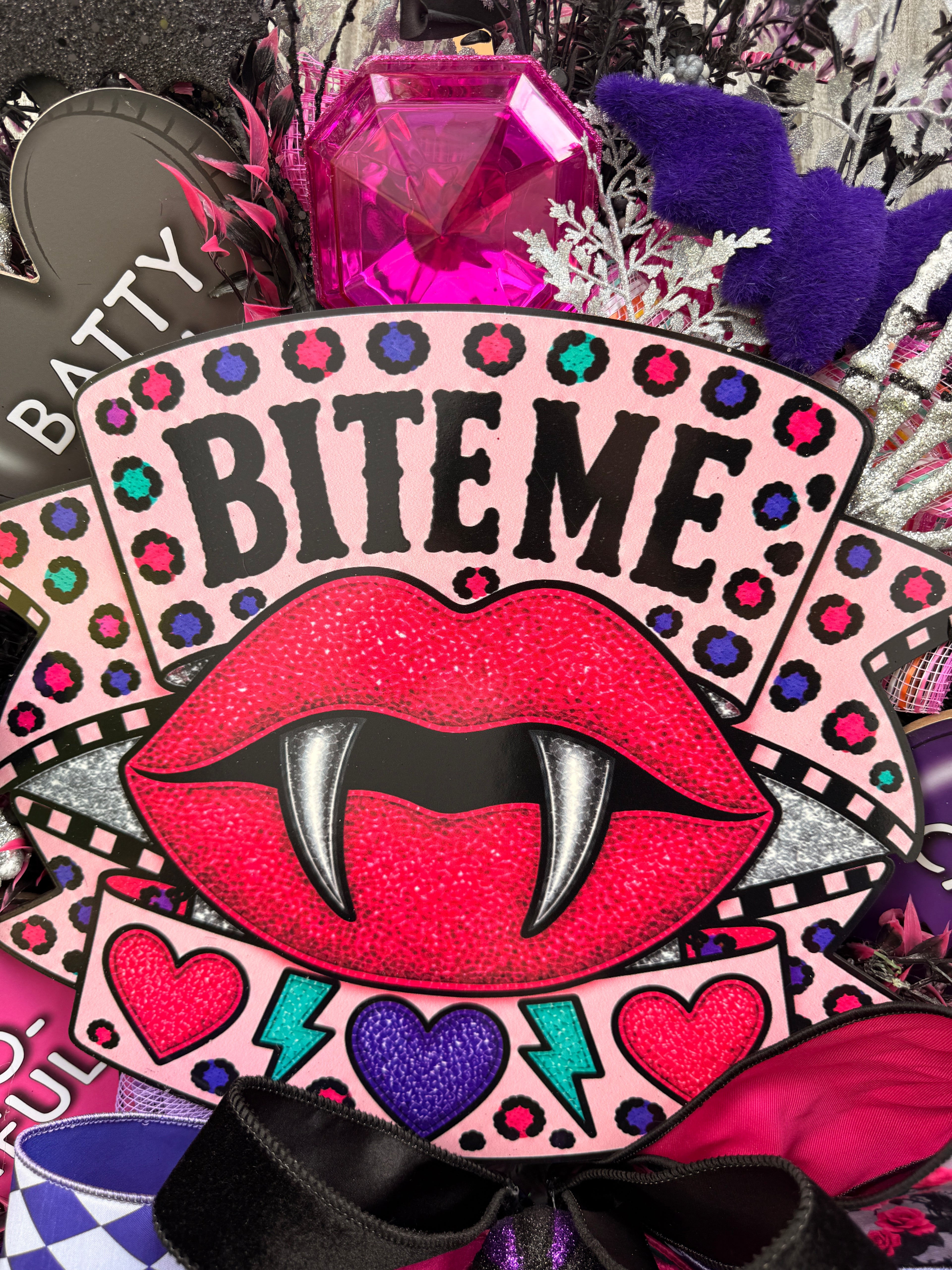 Bite Me Halloween Wreath | Whimsical Pink Vampire Front Door Decor