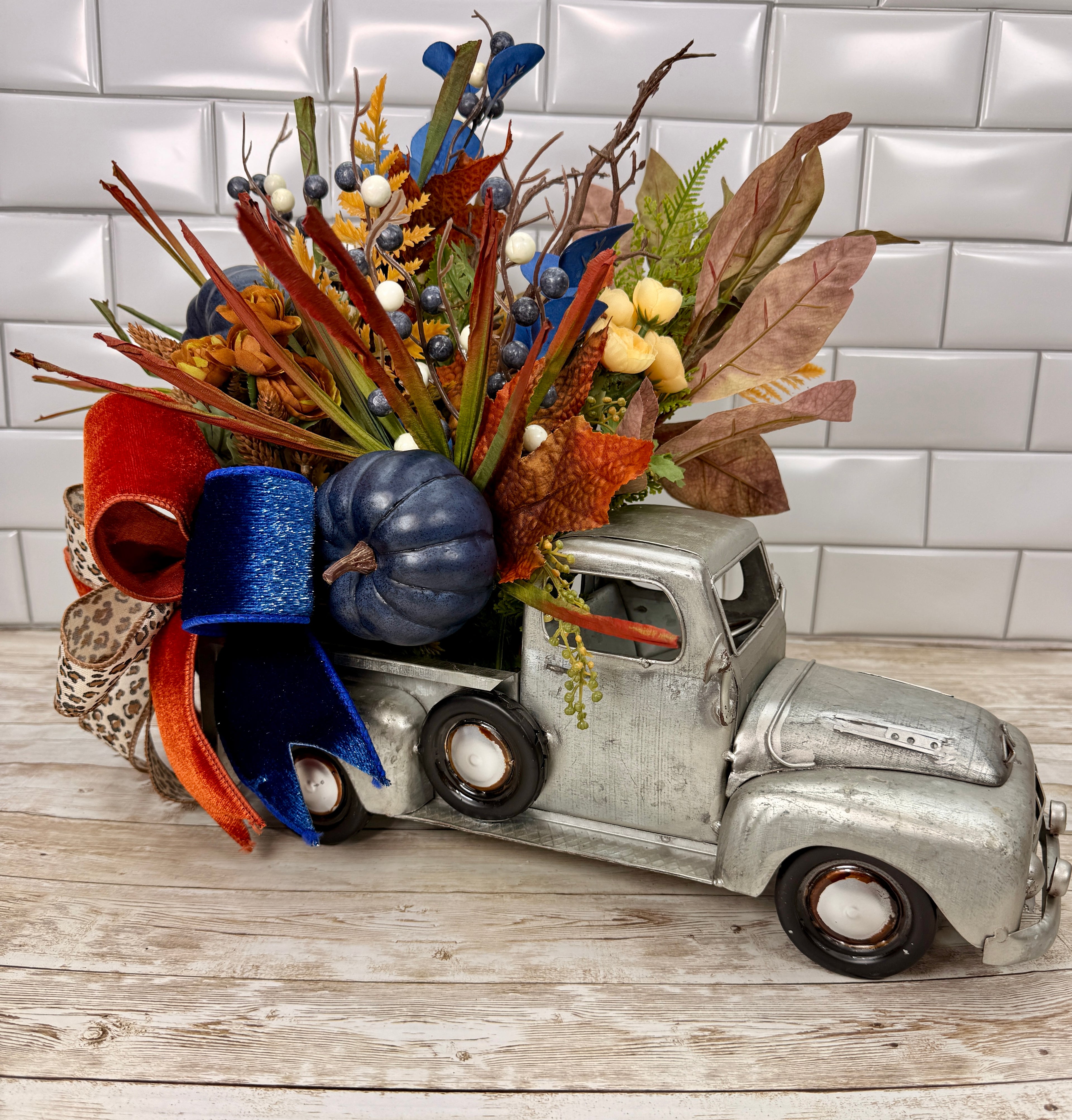 Vintage Fall Truck Centerpiece | Blue Pumpkin Autumn Floral Arrangement