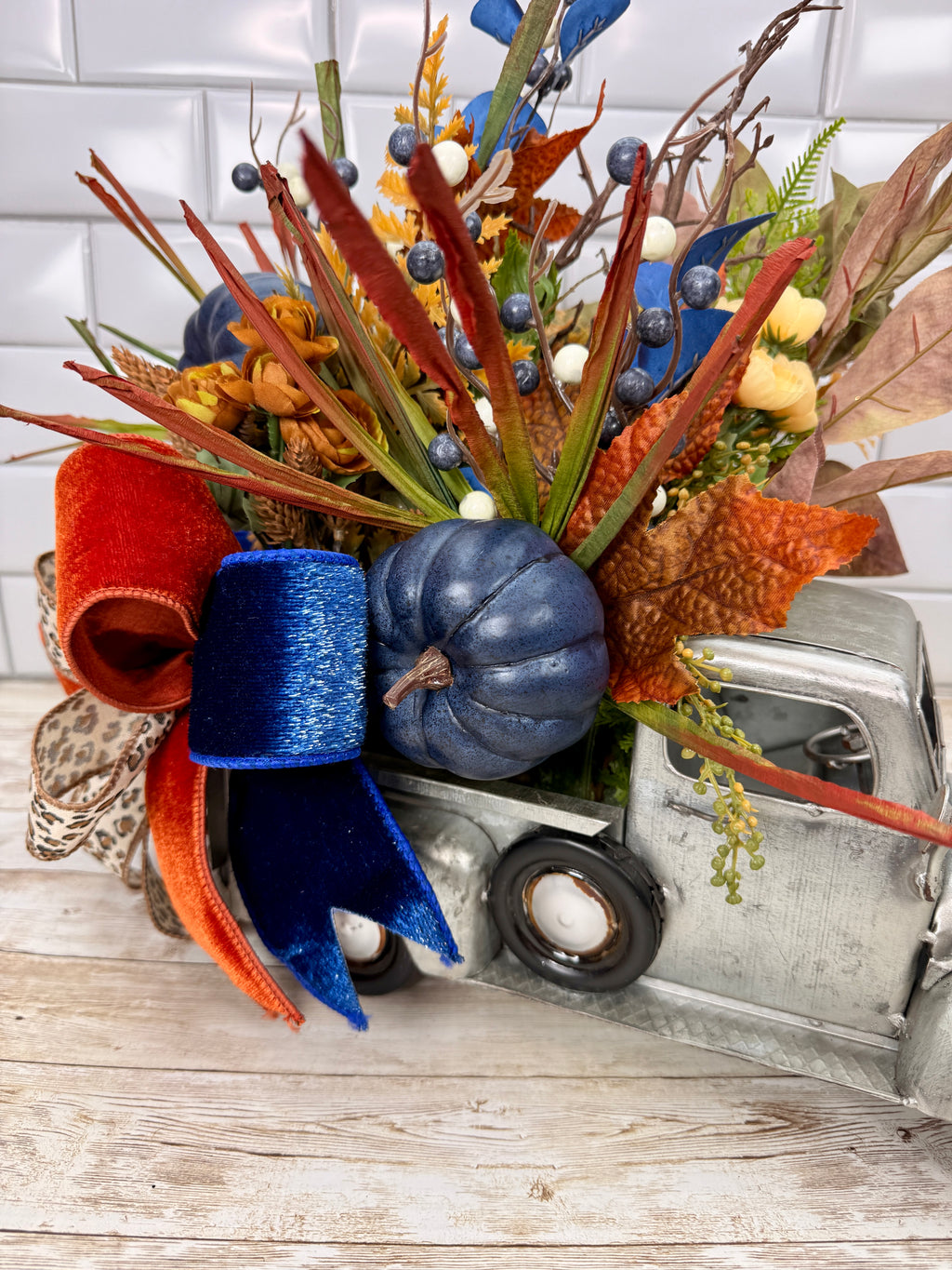 Vintage Fall Truck Centerpiece | Blue Pumpkin Autumn Floral Arrangement