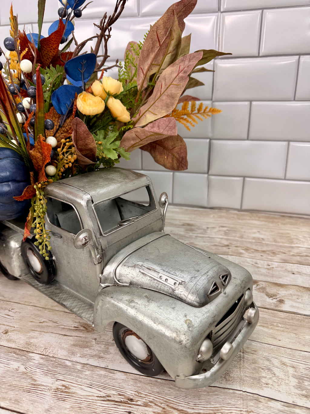 Vintage Fall Truck Centerpiece | Blue Pumpkin Autumn Floral Arrangement