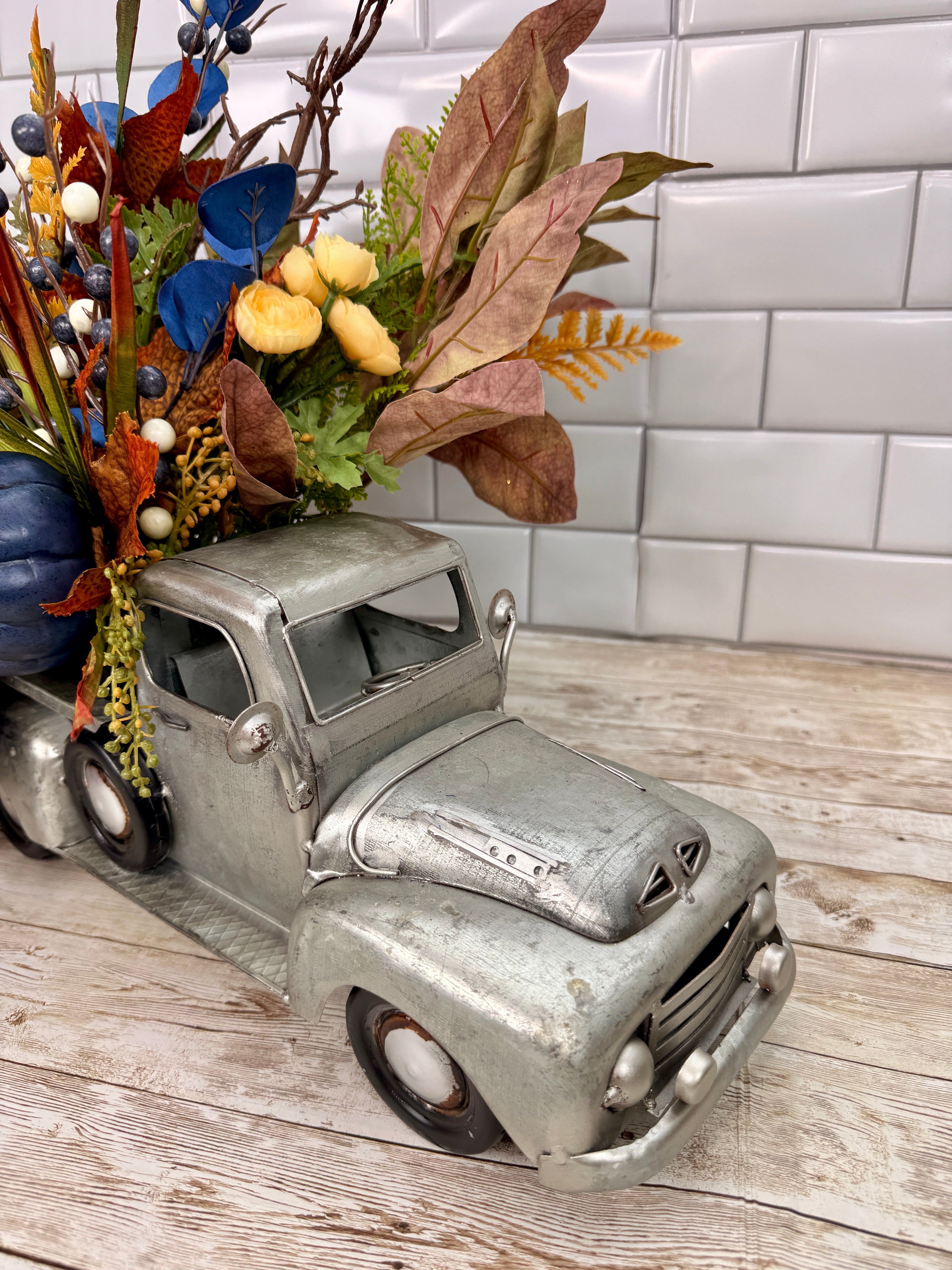 Vintage Fall Truck Centerpiece | Blue Pumpkin Autumn Floral Arrangement