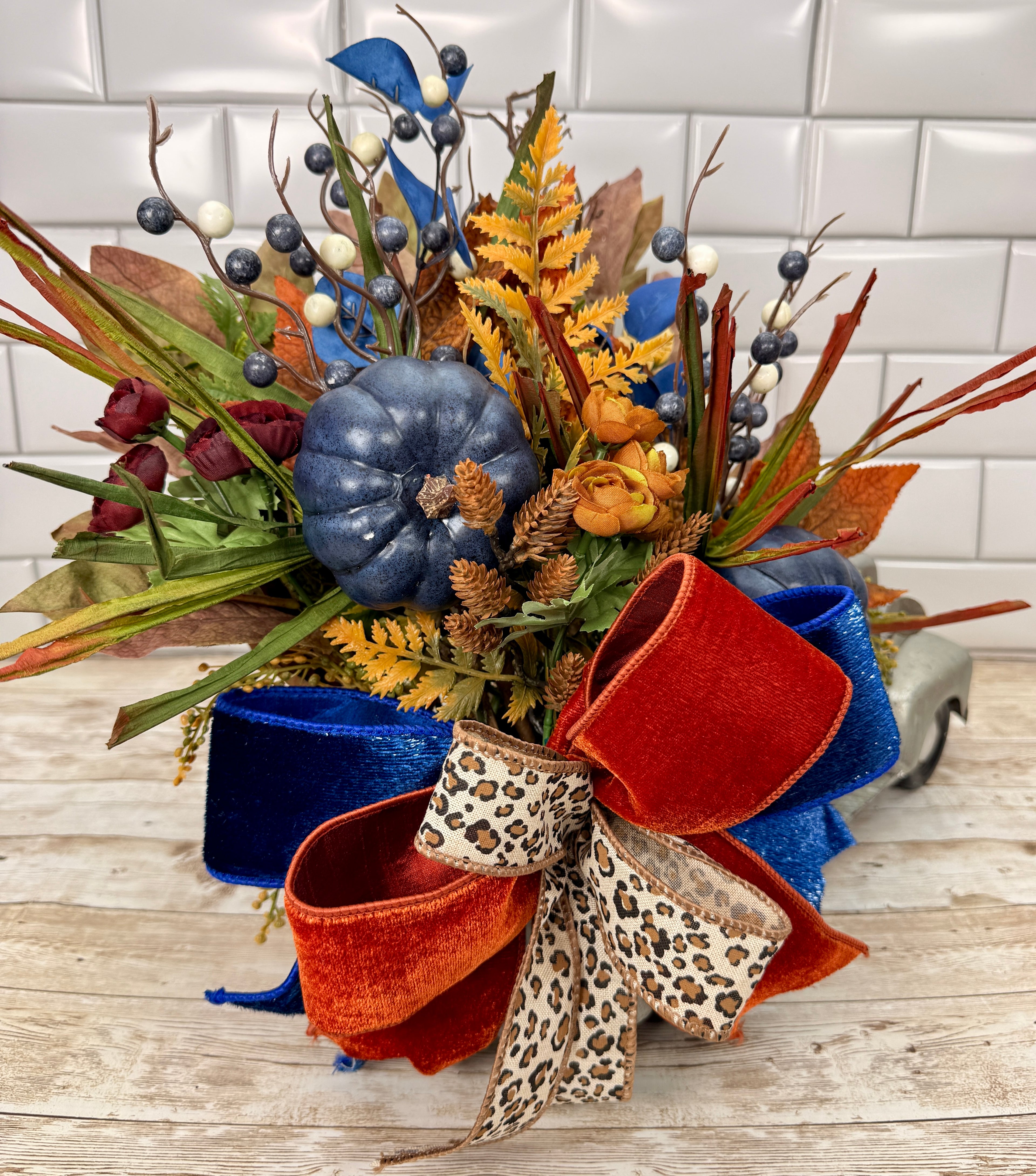 Vintage Fall Truck Centerpiece | Blue Pumpkin Autumn Floral Arrangement