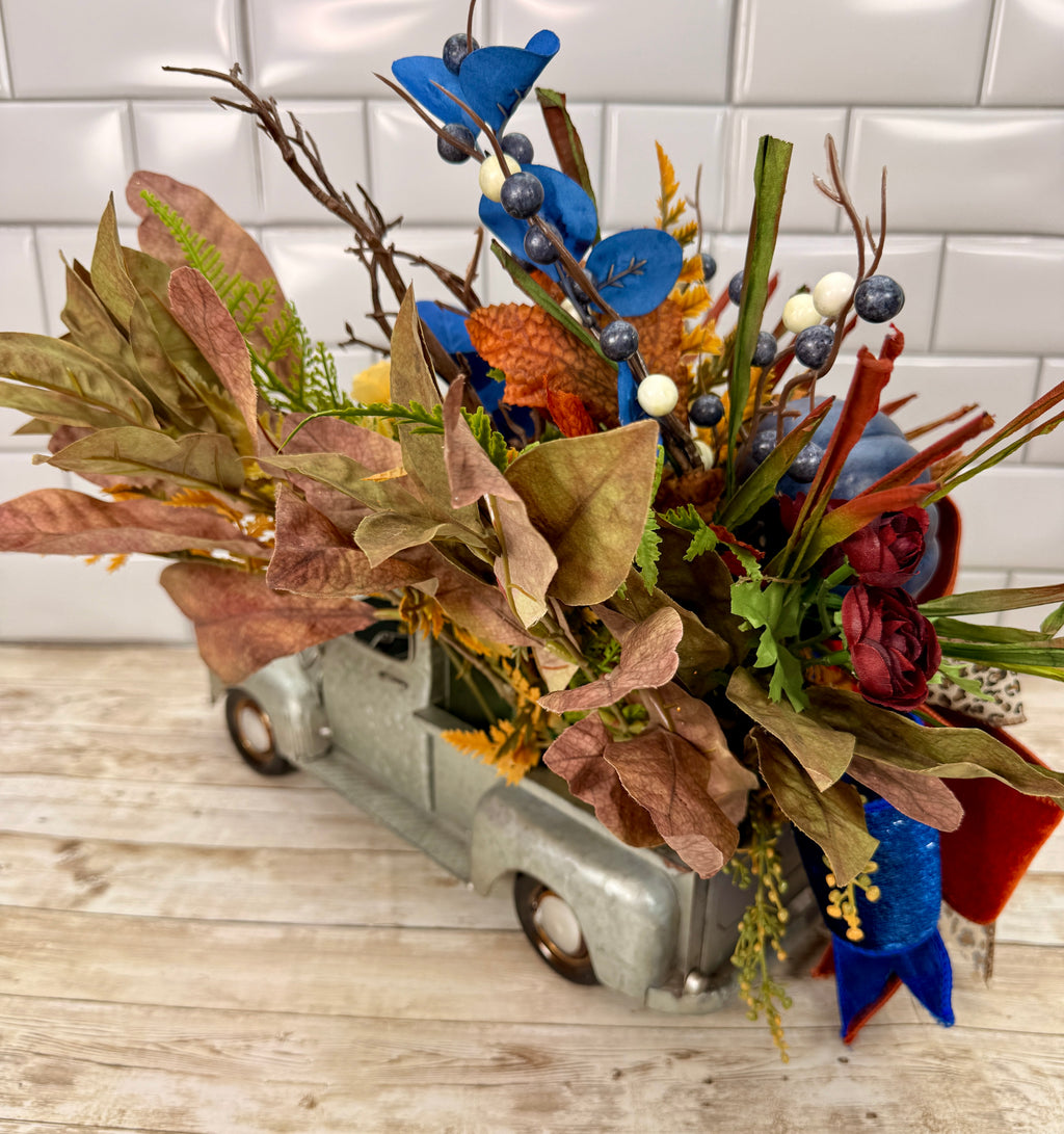 Vintage Fall Truck Centerpiece | Blue Pumpkin Autumn Floral Arrangement