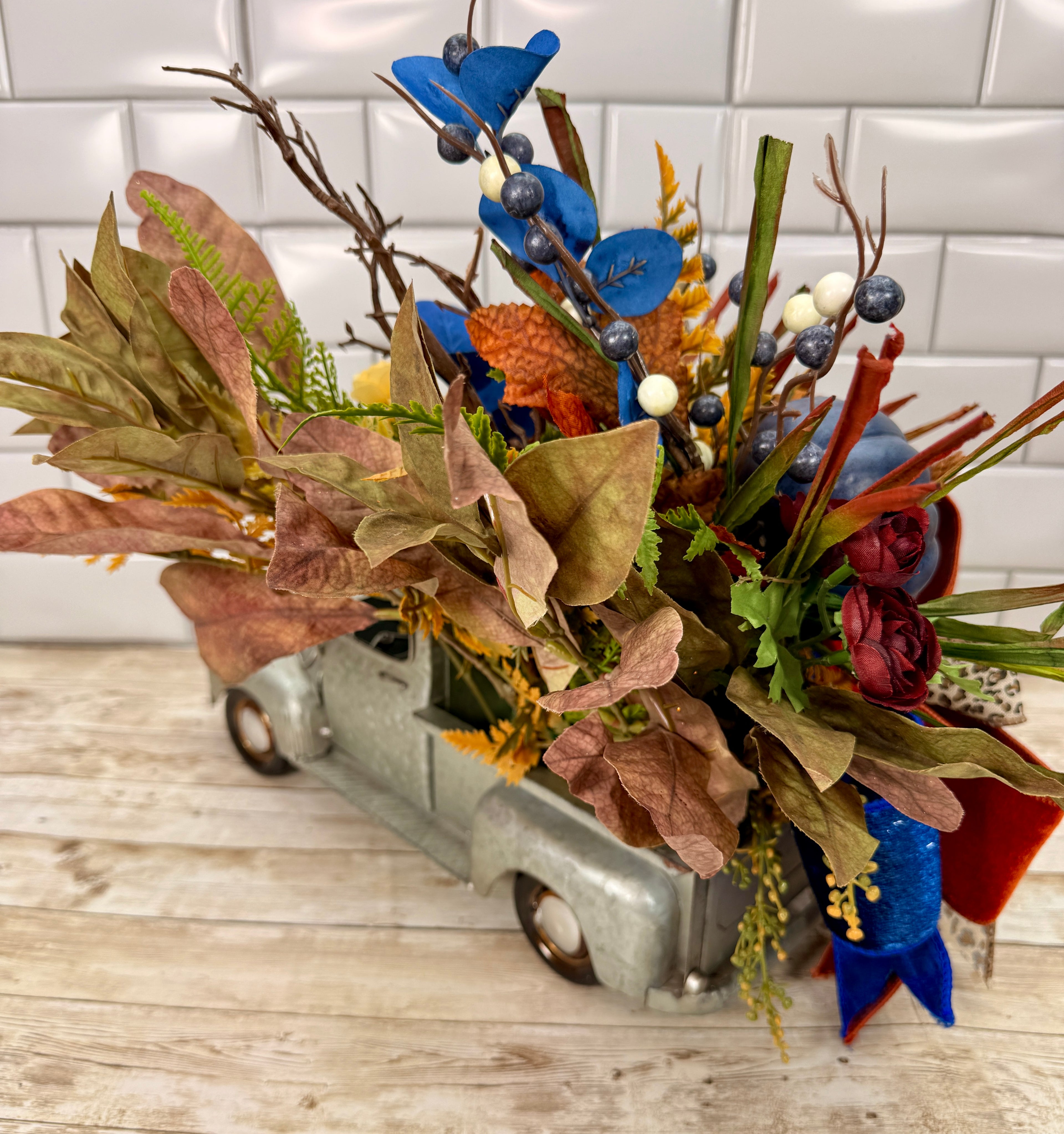 Vintage Fall Truck Centerpiece | Blue Pumpkin Autumn Floral Arrangement