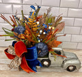 Vintage Fall Truck Centerpiece | Blue Pumpkin Autumn Floral Arrangement