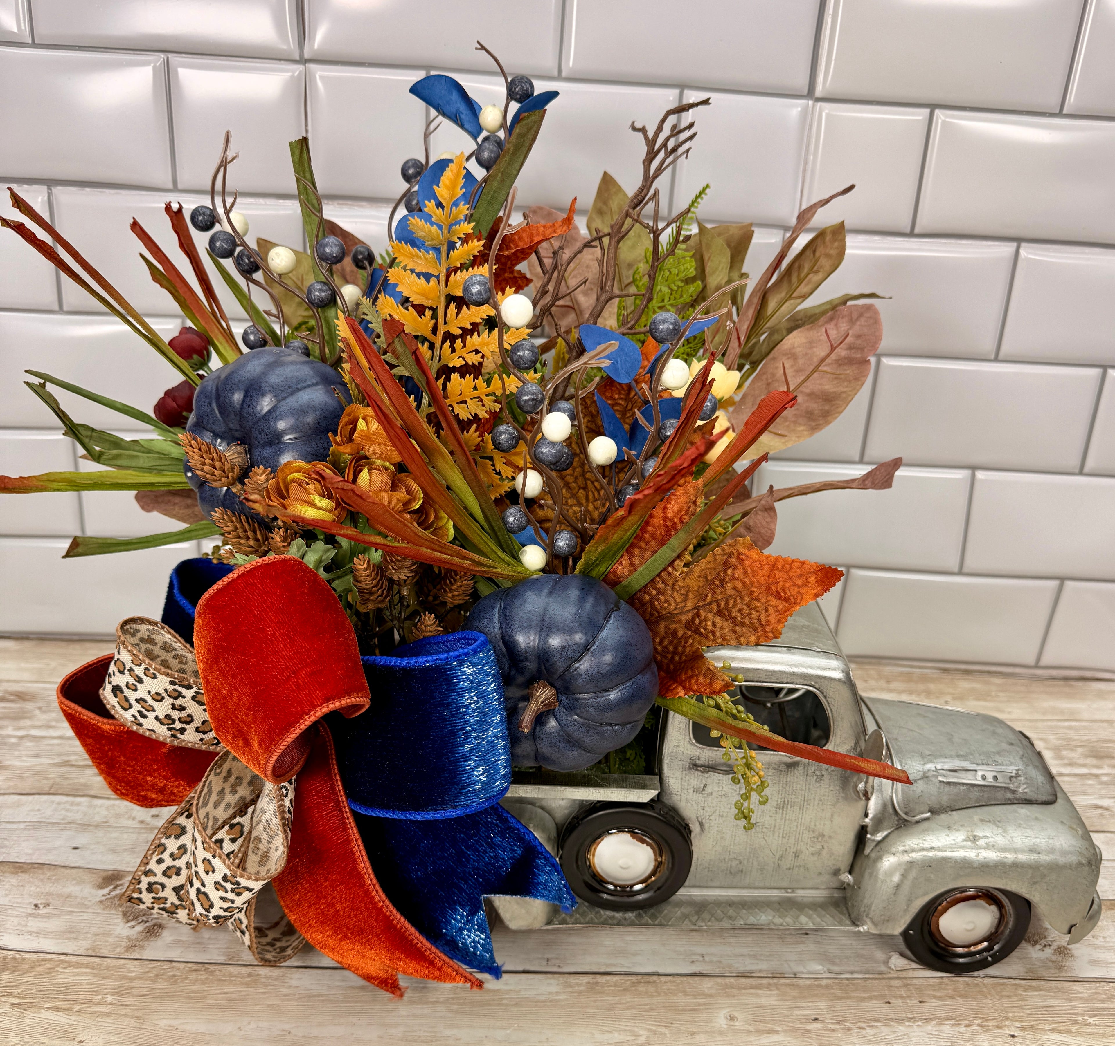 Vintage Fall Truck Centerpiece | Blue Pumpkin Autumn Floral Arrangement