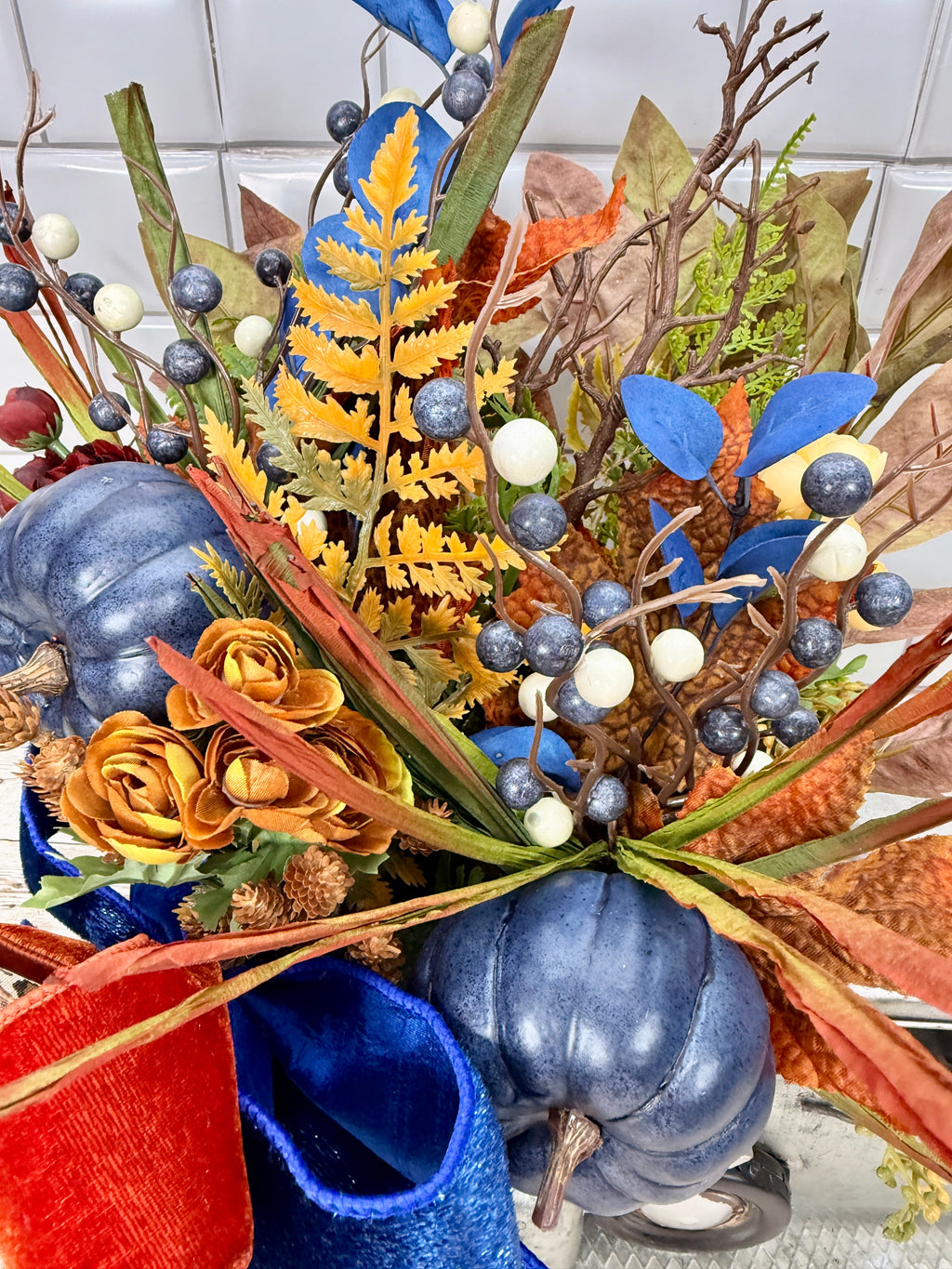 Vintage Fall Truck Centerpiece | Blue Pumpkin Autumn Floral Arrangement