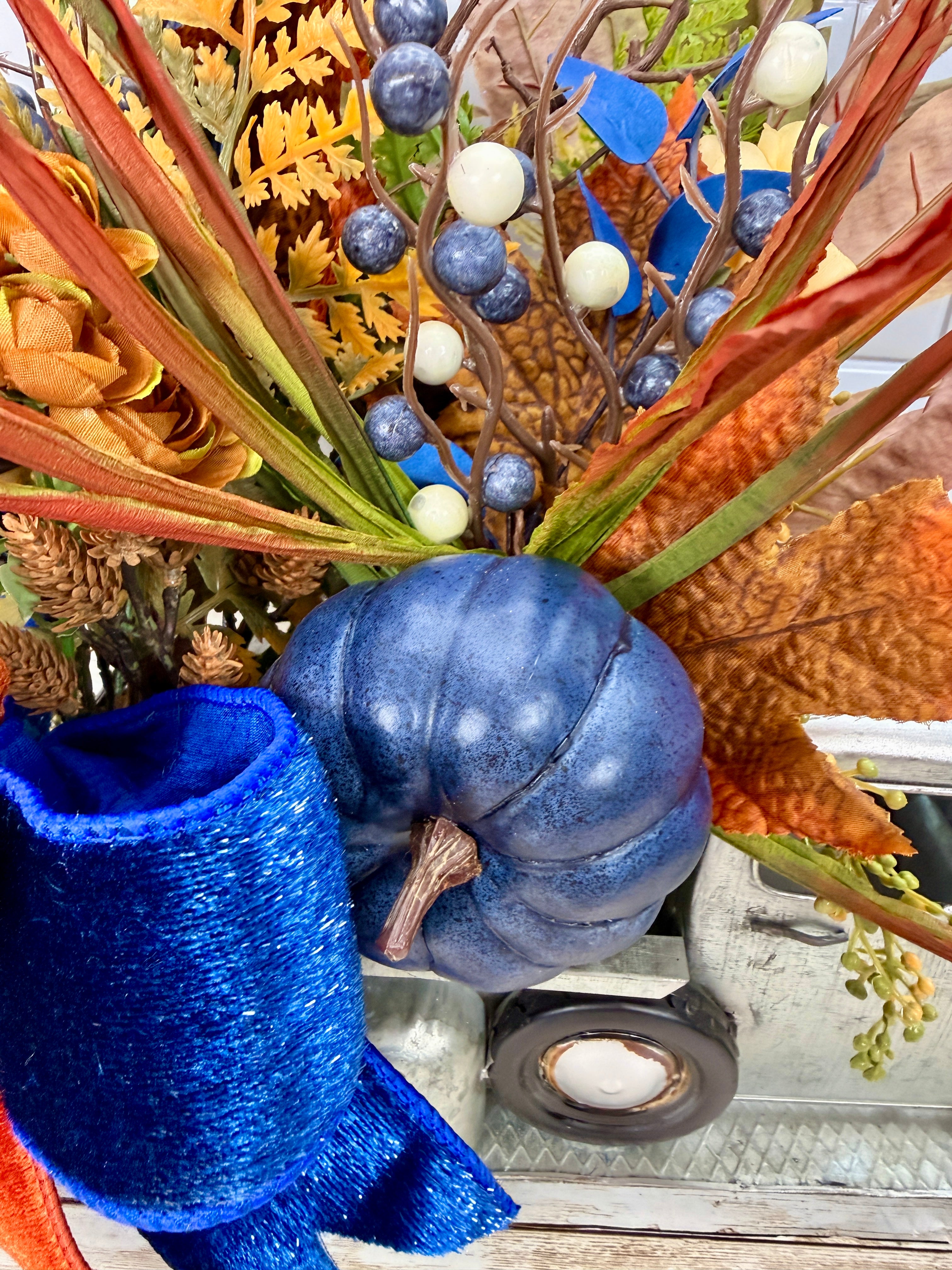 Vintage Fall Truck Centerpiece | Blue Pumpkin Autumn Floral Arrangement