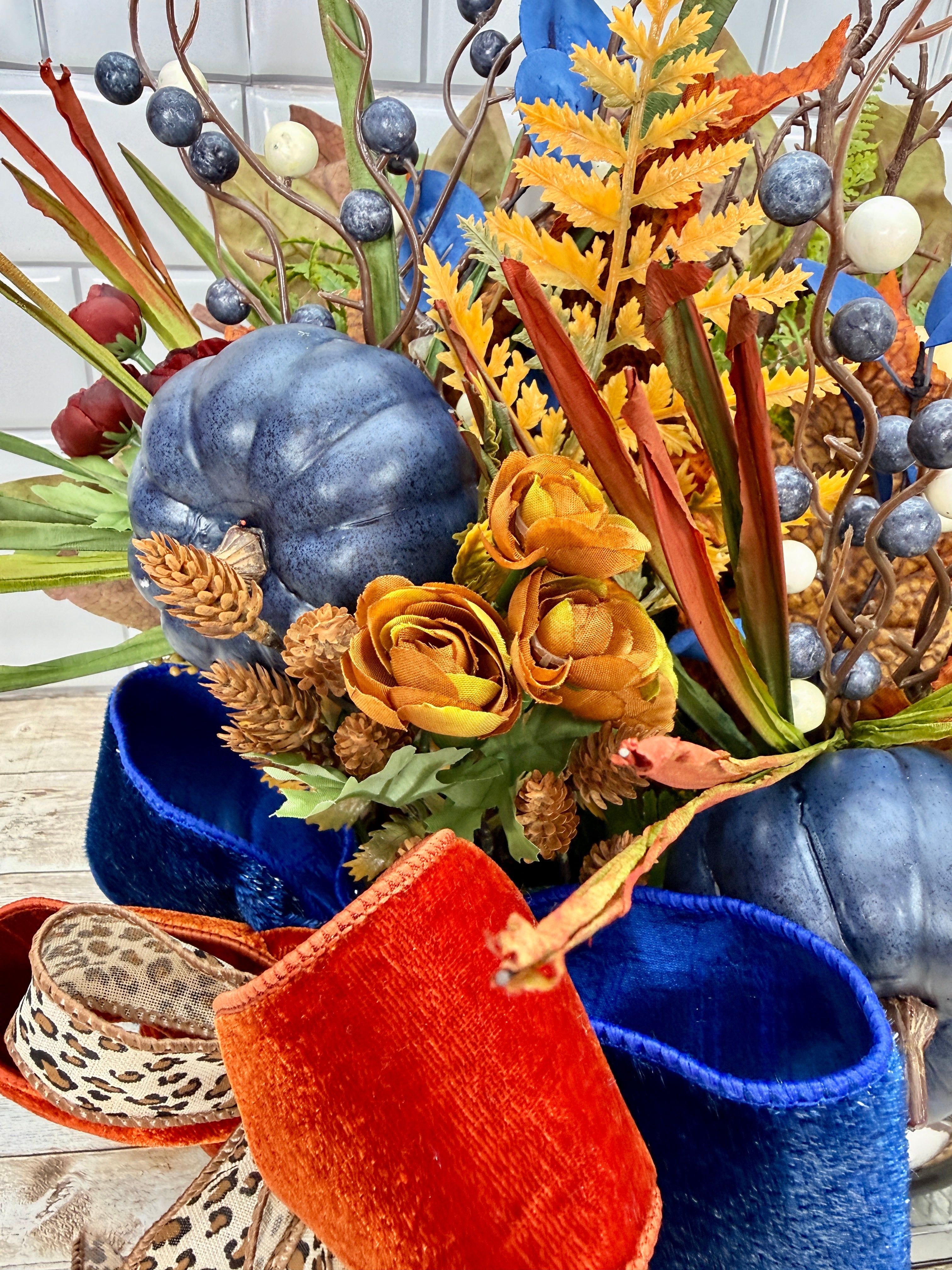 Vintage Fall Truck Centerpiece | Blue Pumpkin Autumn Floral Arrangement
