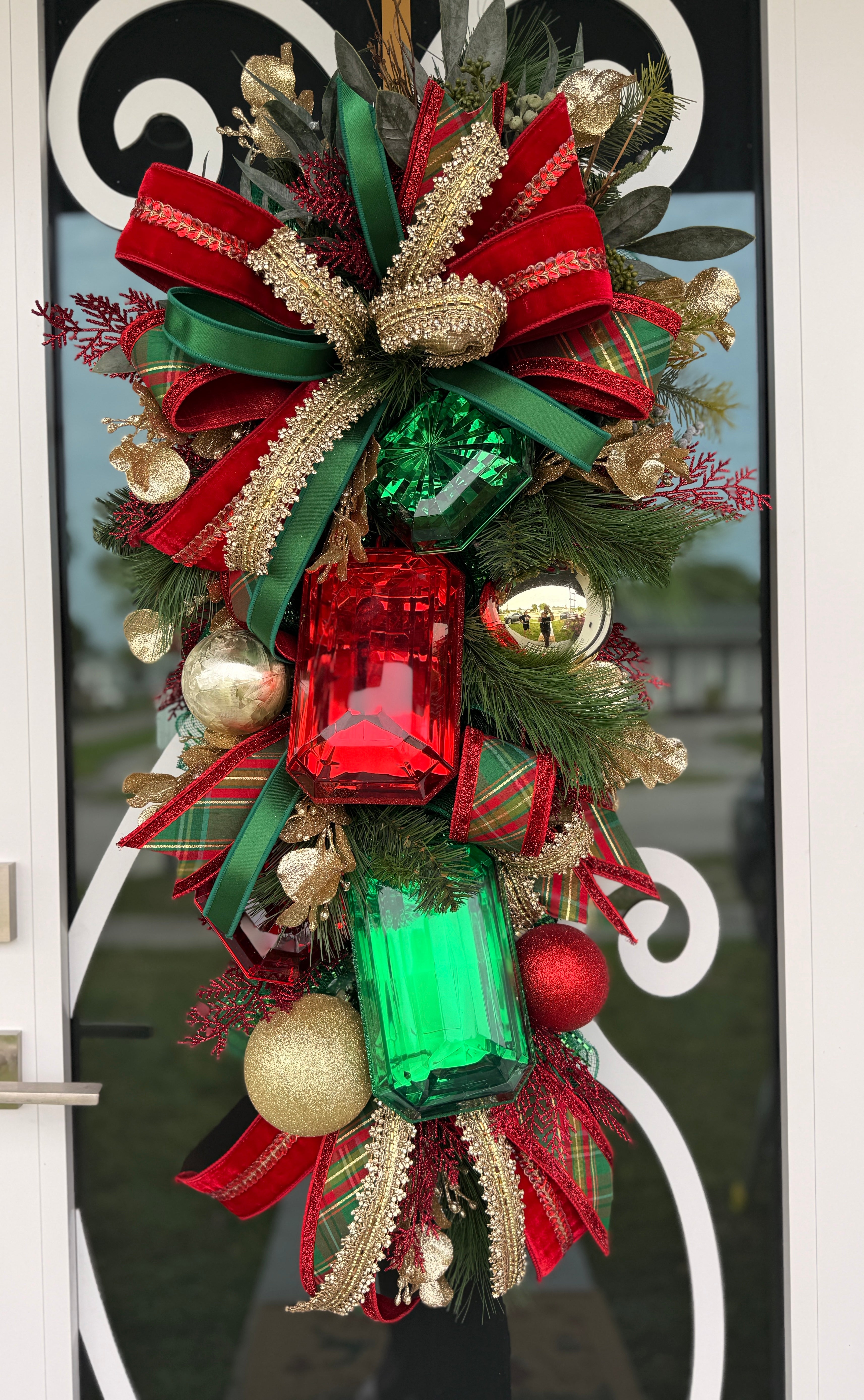 Luxury Christmas Door Swag, Designer Holiday Door Decor, Elegant Christmas Front Door Swag, Red Green Gold Christmas Decor