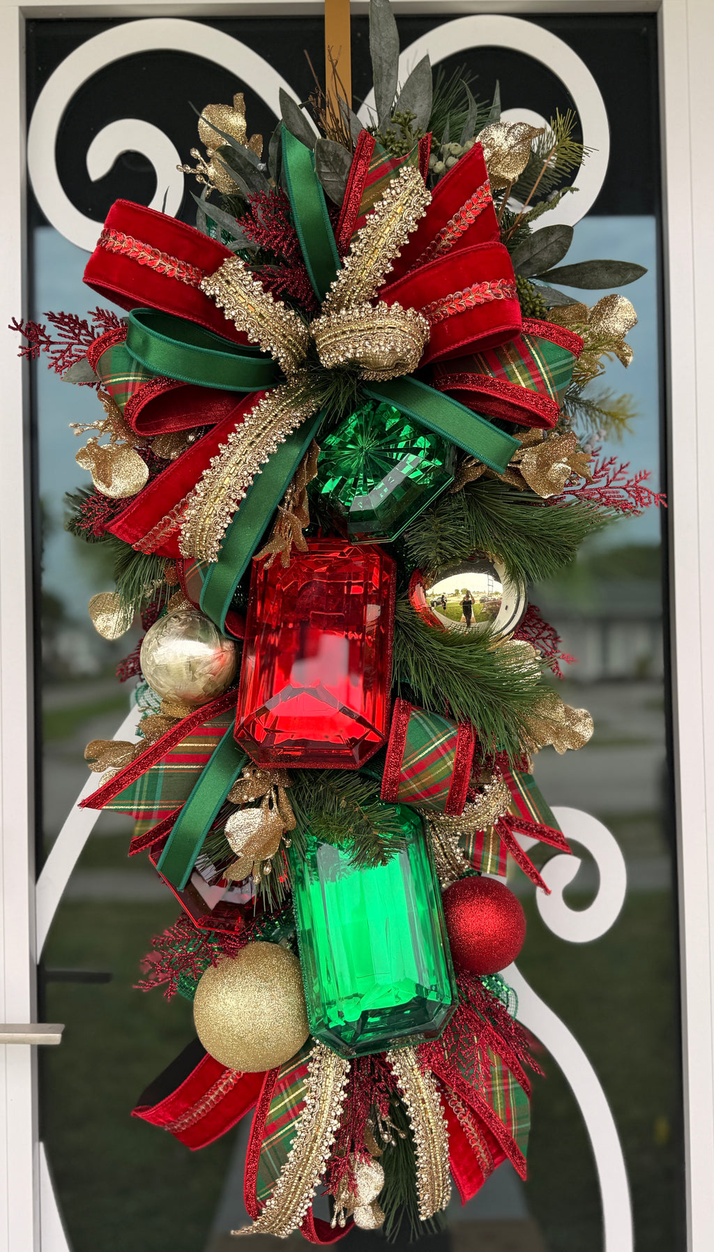 Luxury Christmas Door Swag, Designer Holiday Door Decor, Elegant Christmas Front Door Swag, Red Green Gold Christmas Decor