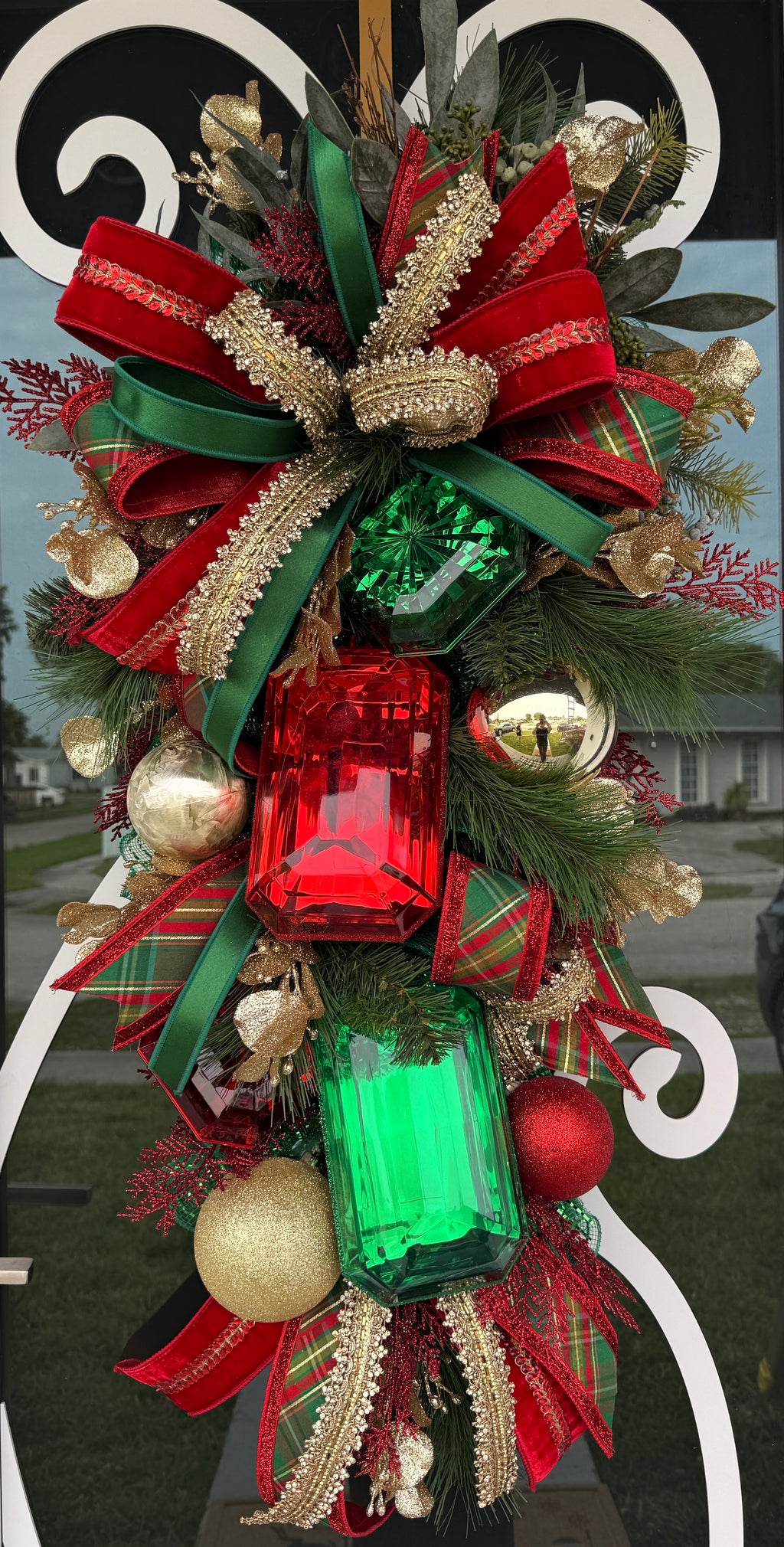 Luxury Christmas Door Swag, Designer Holiday Door Decor, Elegant Christmas Front Door Swag, Red Green Gold Christmas Decor