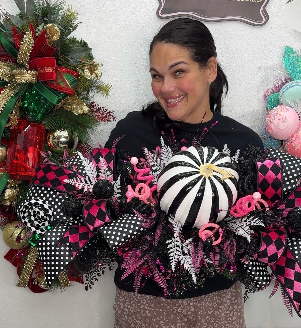Pink Black and White Whimsical Fall Centerpiece and Seasonal Swag