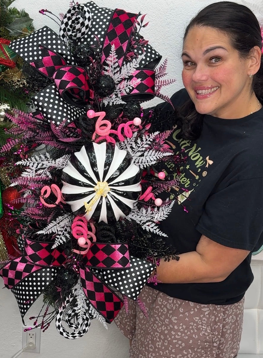 Pink Black and White Whimsical Fall Centerpiece and Seasonal Swag