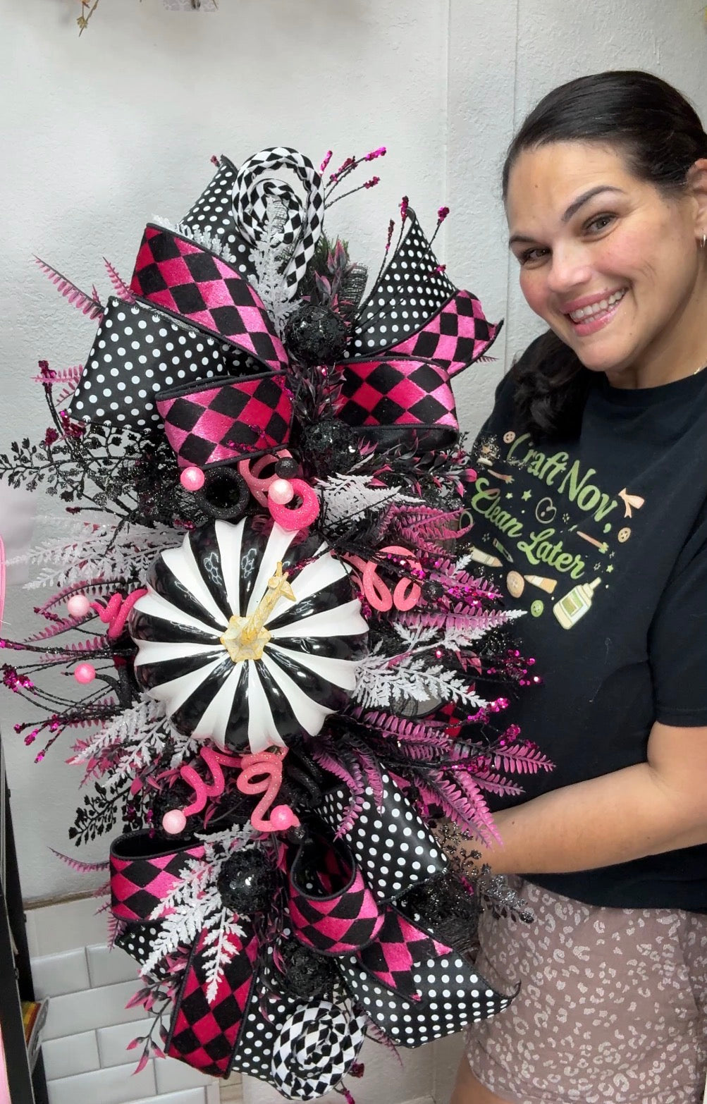 Pink Black and White Whimsical Fall Centerpiece and Seasonal Swag