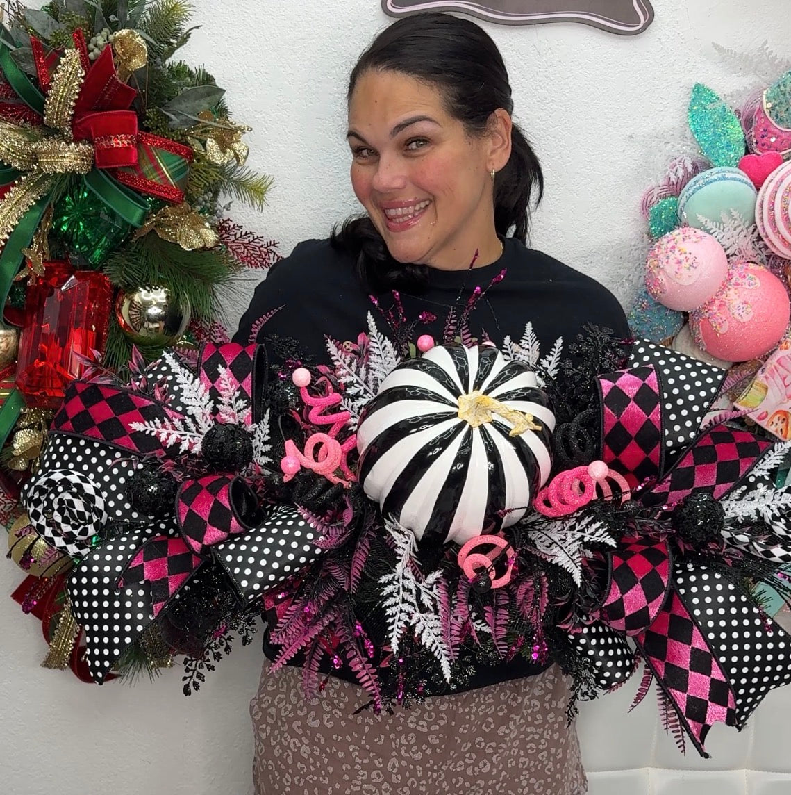 Pink Black and White Whimsical Fall Centerpiece and Seasonal Swag