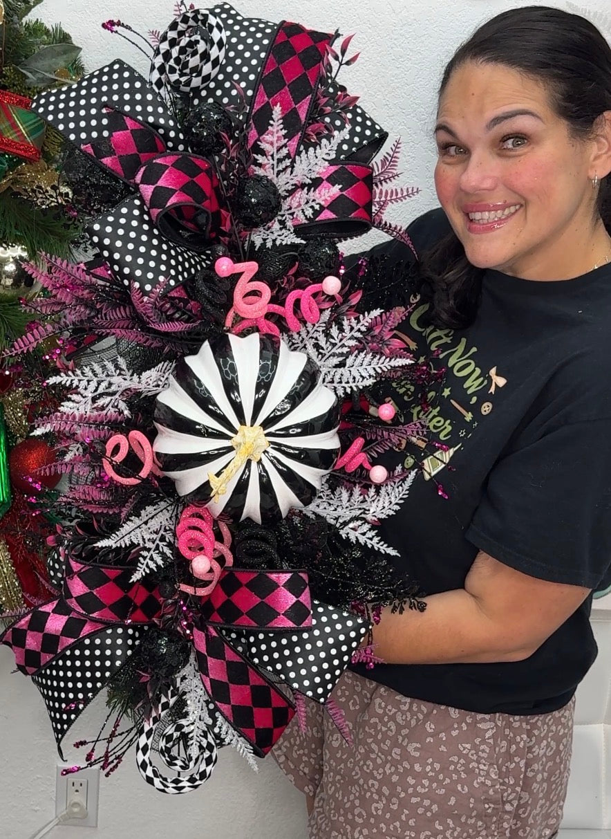 Pink Black and White Whimsical Fall Centerpiece and Seasonal Swag