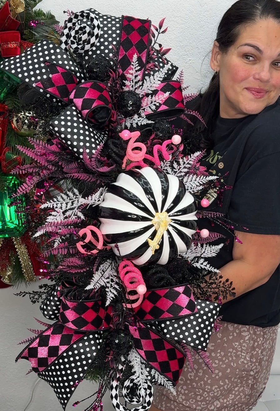 Pink Black and White Whimsical Fall Centerpiece and Seasonal Swag