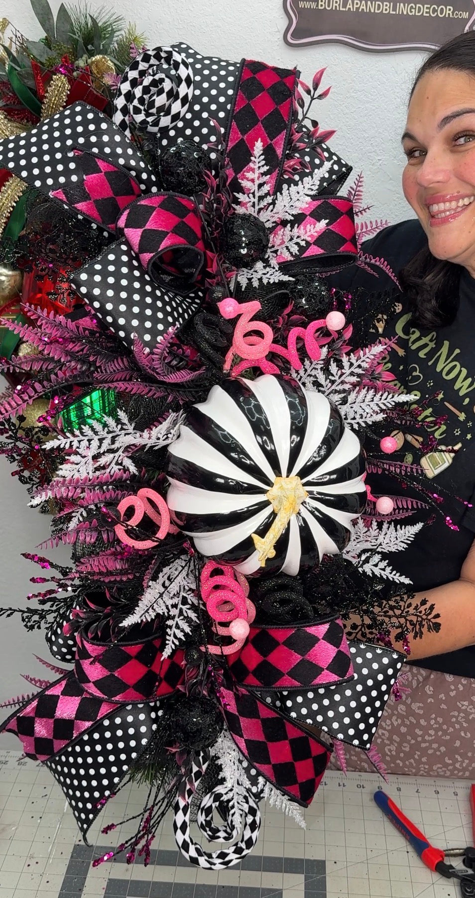 Pink Black and White Whimsical Fall Centerpiece and Seasonal Swag