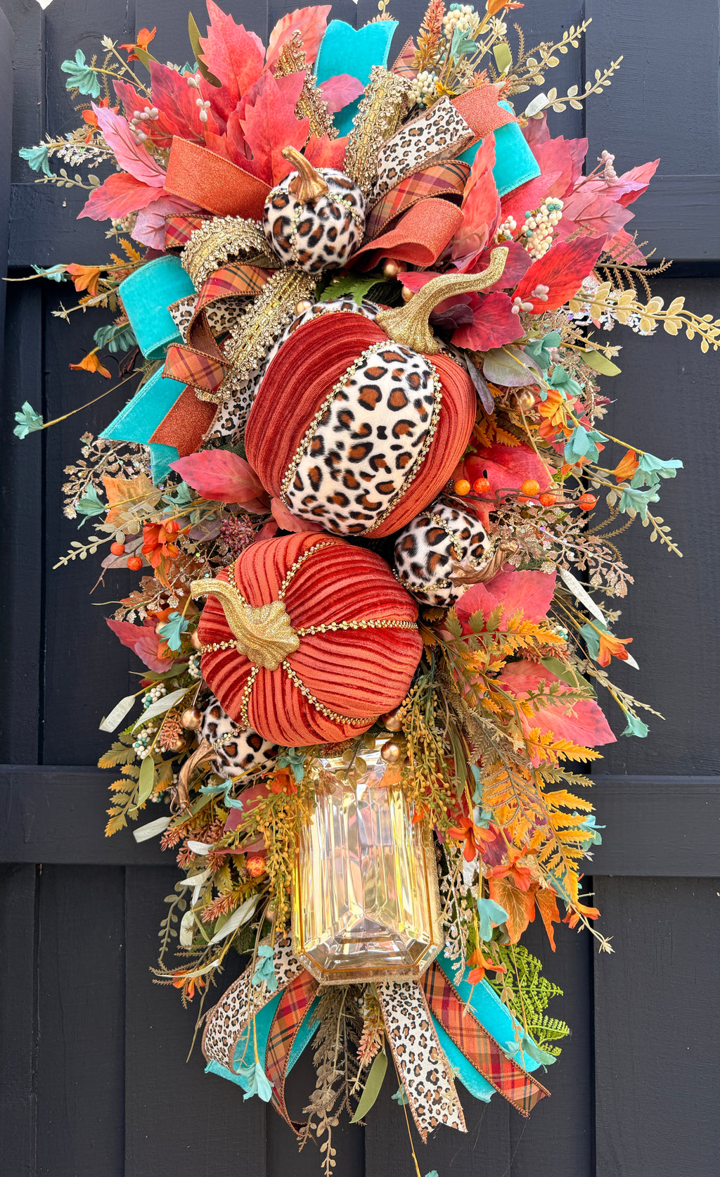 Luxury Teal & Leopard Fall Door Swag | Elegant Autumn Front Door Decor