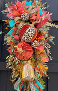 Luxury Teal & Leopard Fall Door Swag | Elegant Autumn Front Door Decor
