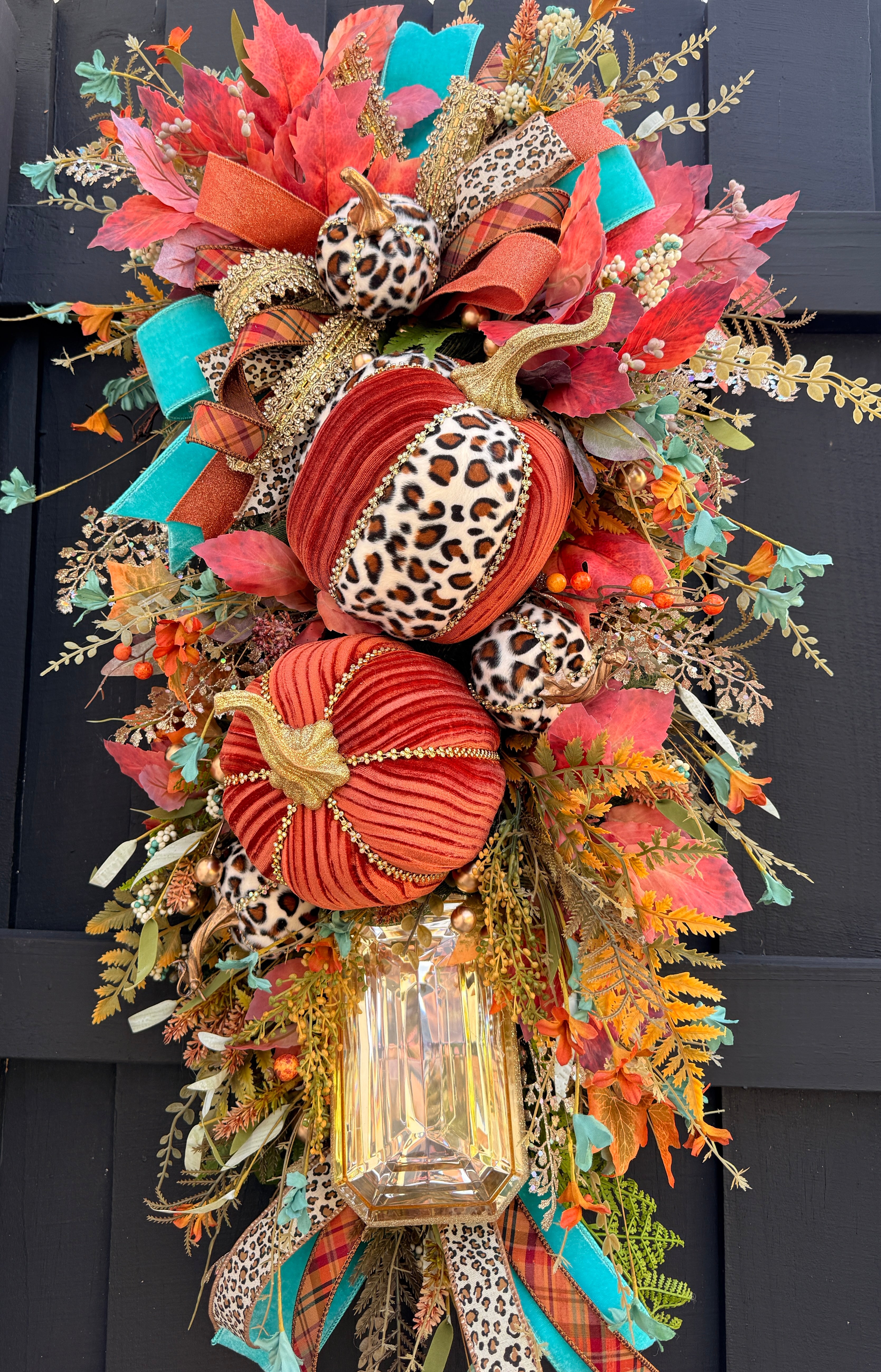 Luxury Teal & Leopard Fall Door Swag | Elegant Autumn Front Door Decor