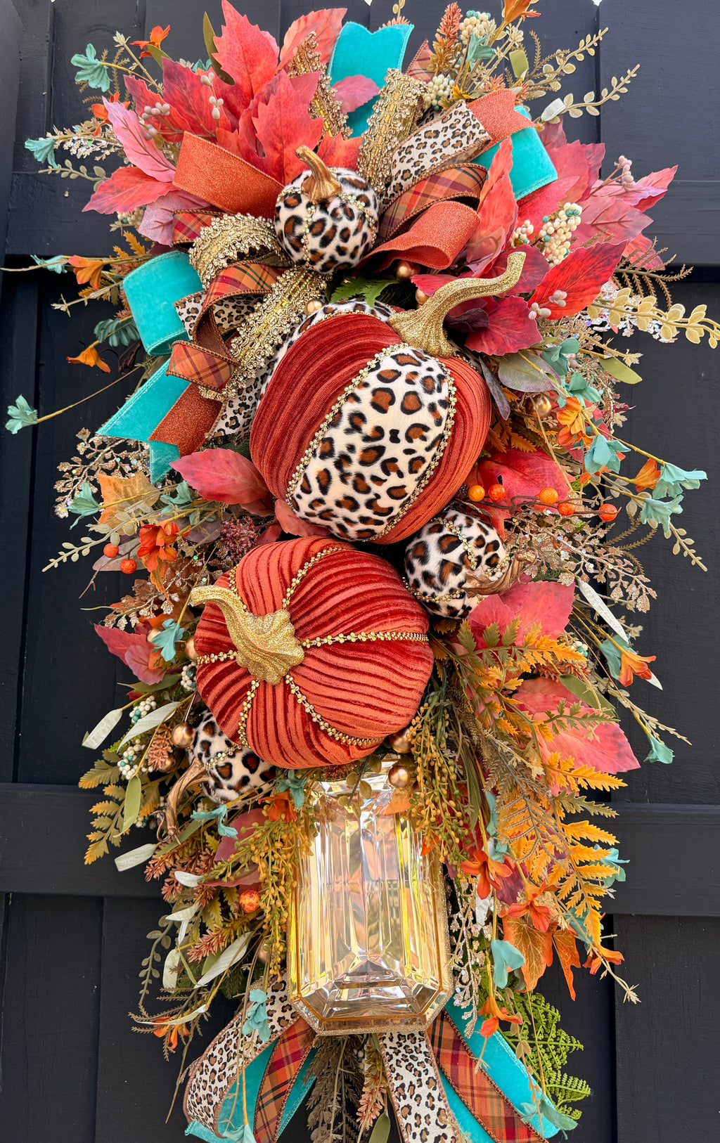 Luxury Teal & Leopard Fall Door Swag | Elegant Autumn Front Door Decor