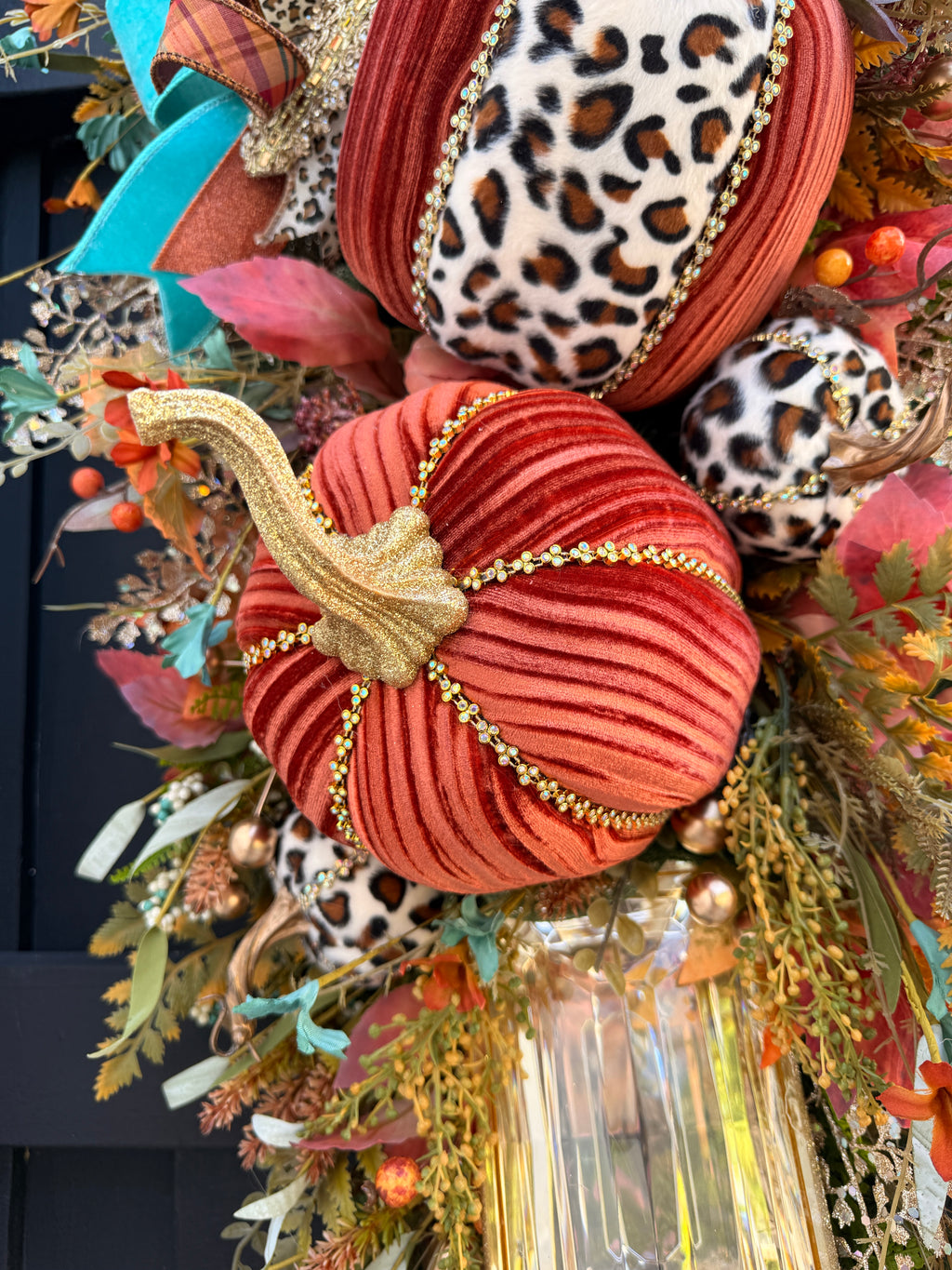 Luxury Teal & Leopard Fall Door Swag | Elegant Autumn Front Door Decor