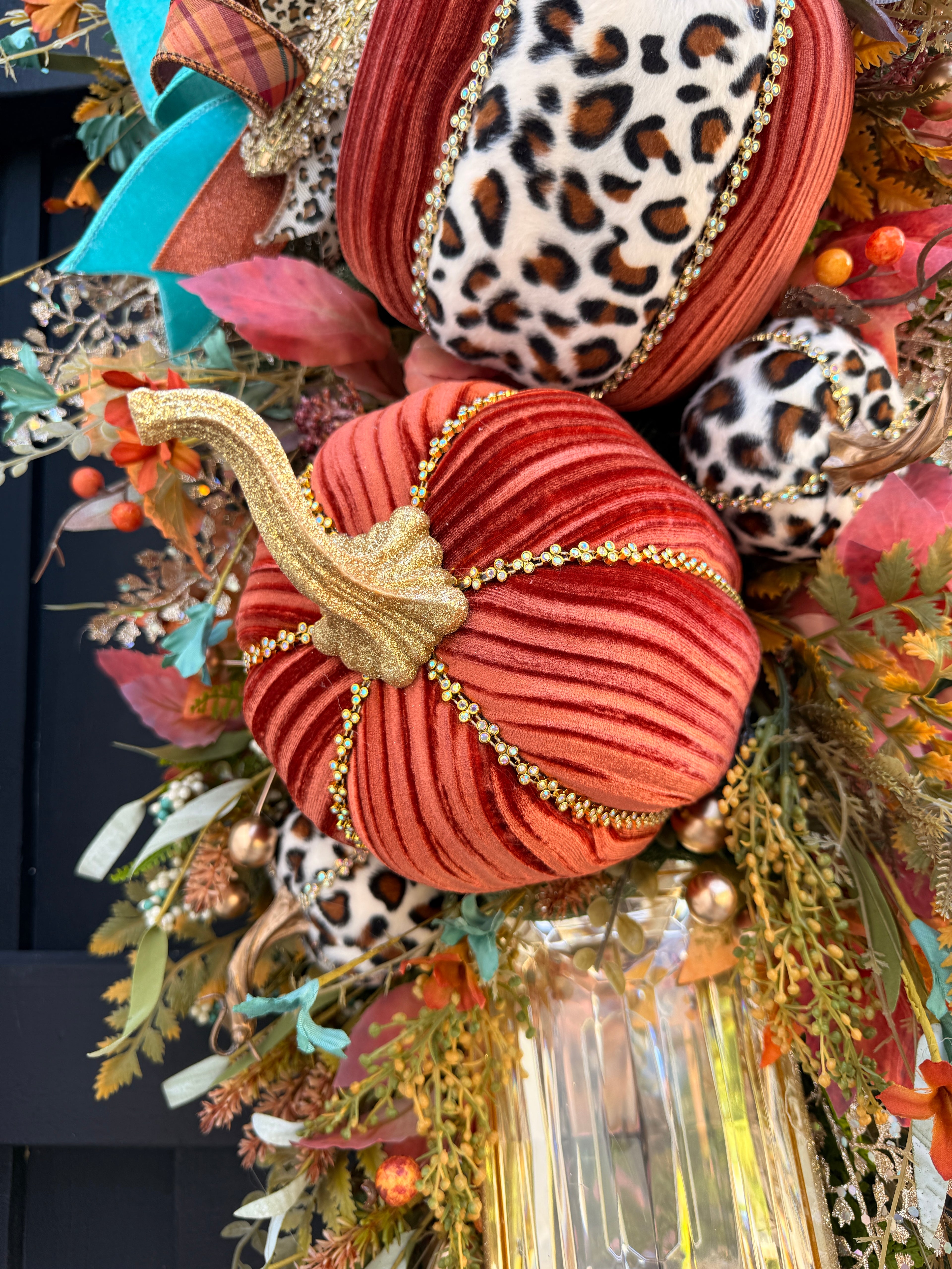 Luxury Teal & Leopard Fall Door Swag | Elegant Autumn Front Door Decor