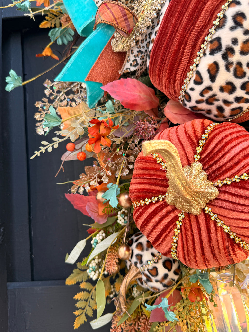 Luxury Teal & Leopard Fall Door Swag | Elegant Autumn Front Door Decor