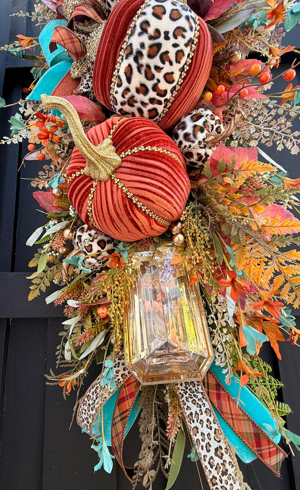 Luxury Teal & Leopard Fall Door Swag | Elegant Autumn Front Door Decor