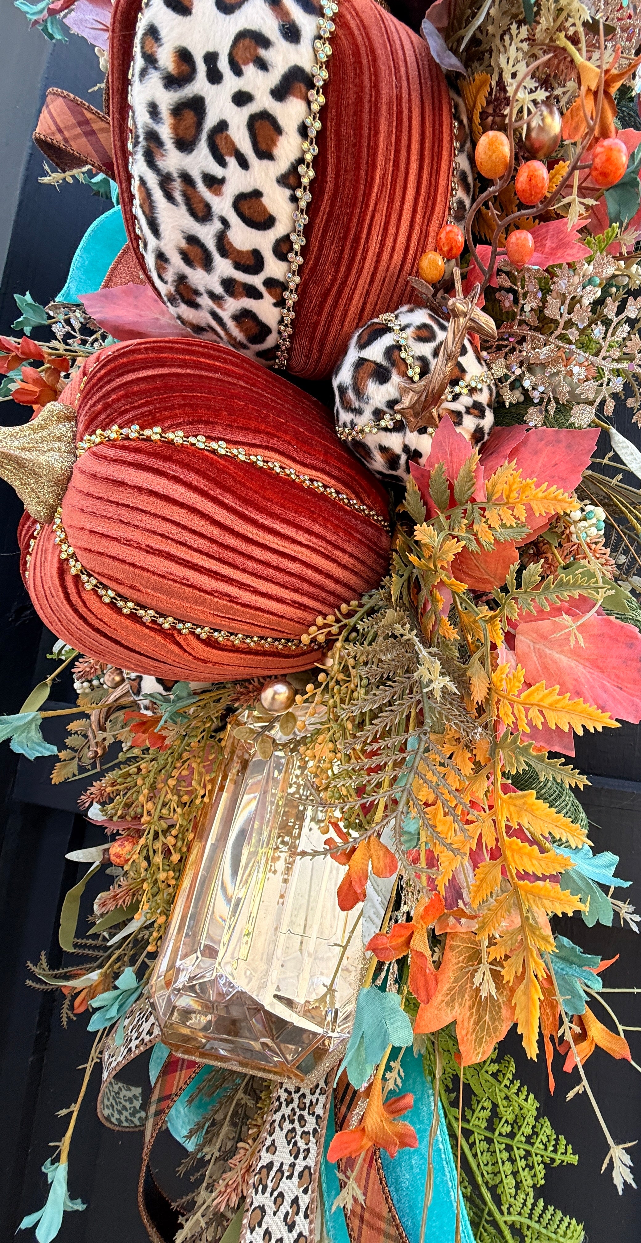 Luxury Teal & Leopard Fall Door Swag | Elegant Autumn Front Door Decor