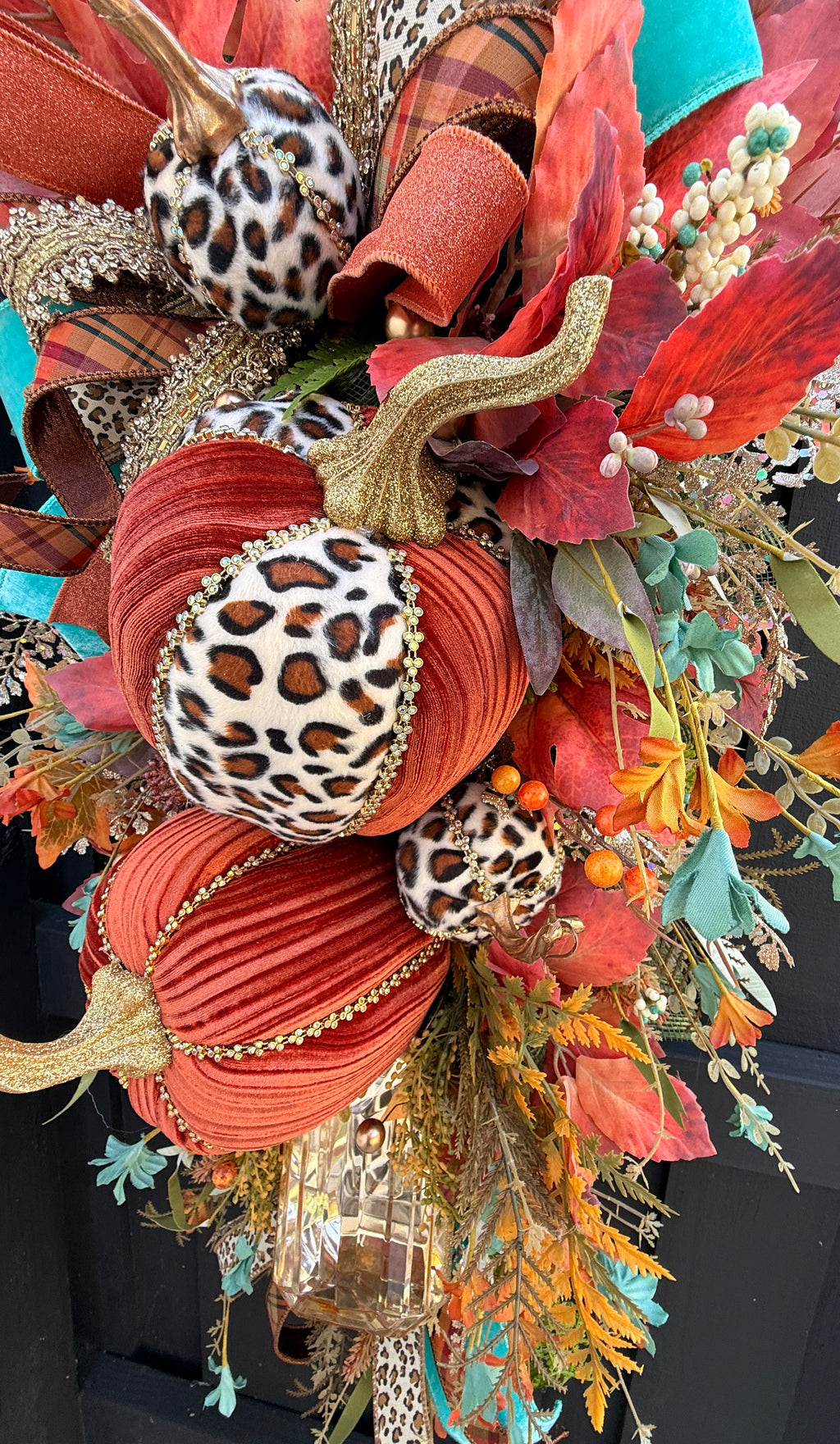 Luxury Teal & Leopard Fall Door Swag | Elegant Autumn Front Door Decor