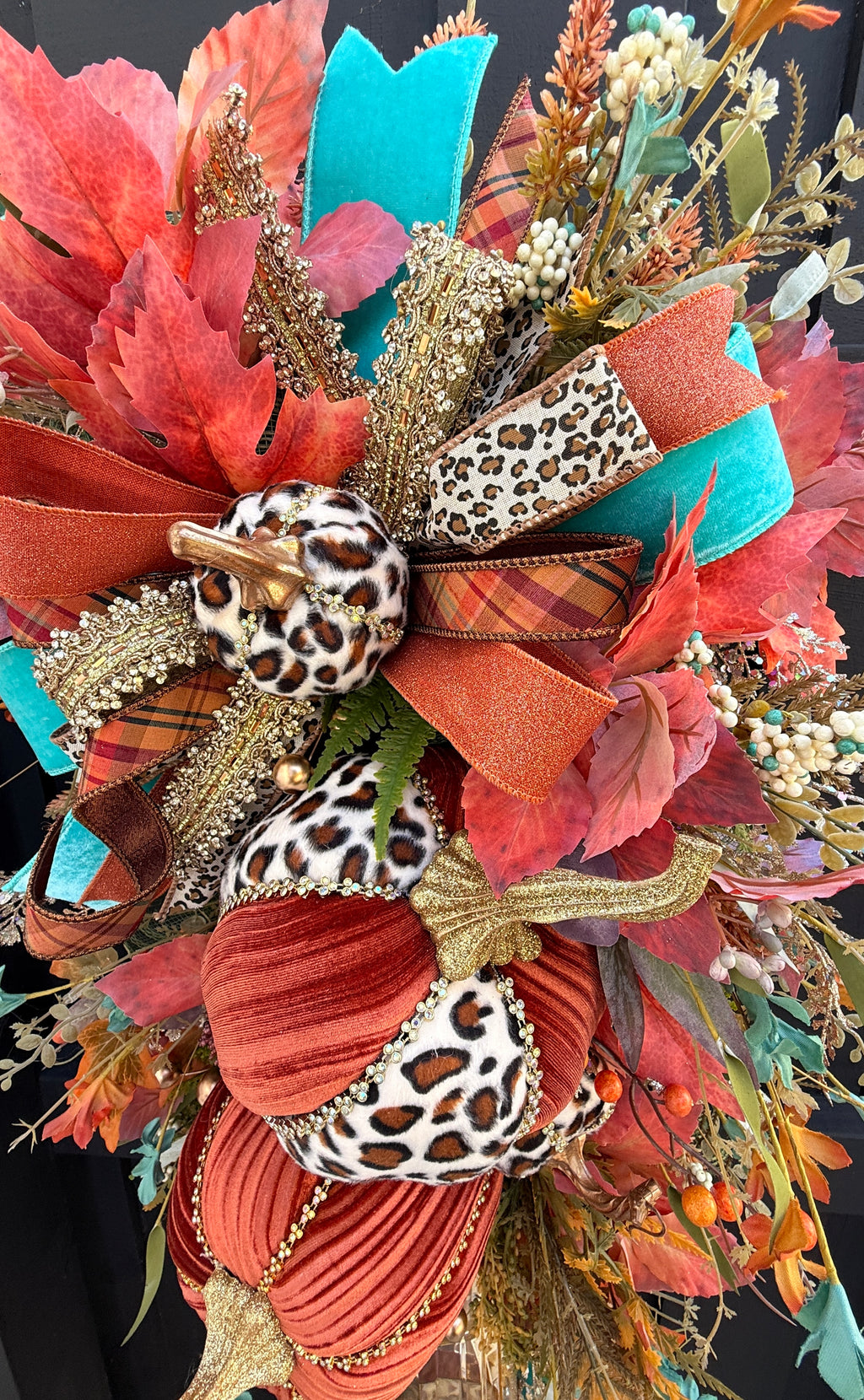 Luxury Teal & Leopard Fall Door Swag | Elegant Autumn Front Door Decor